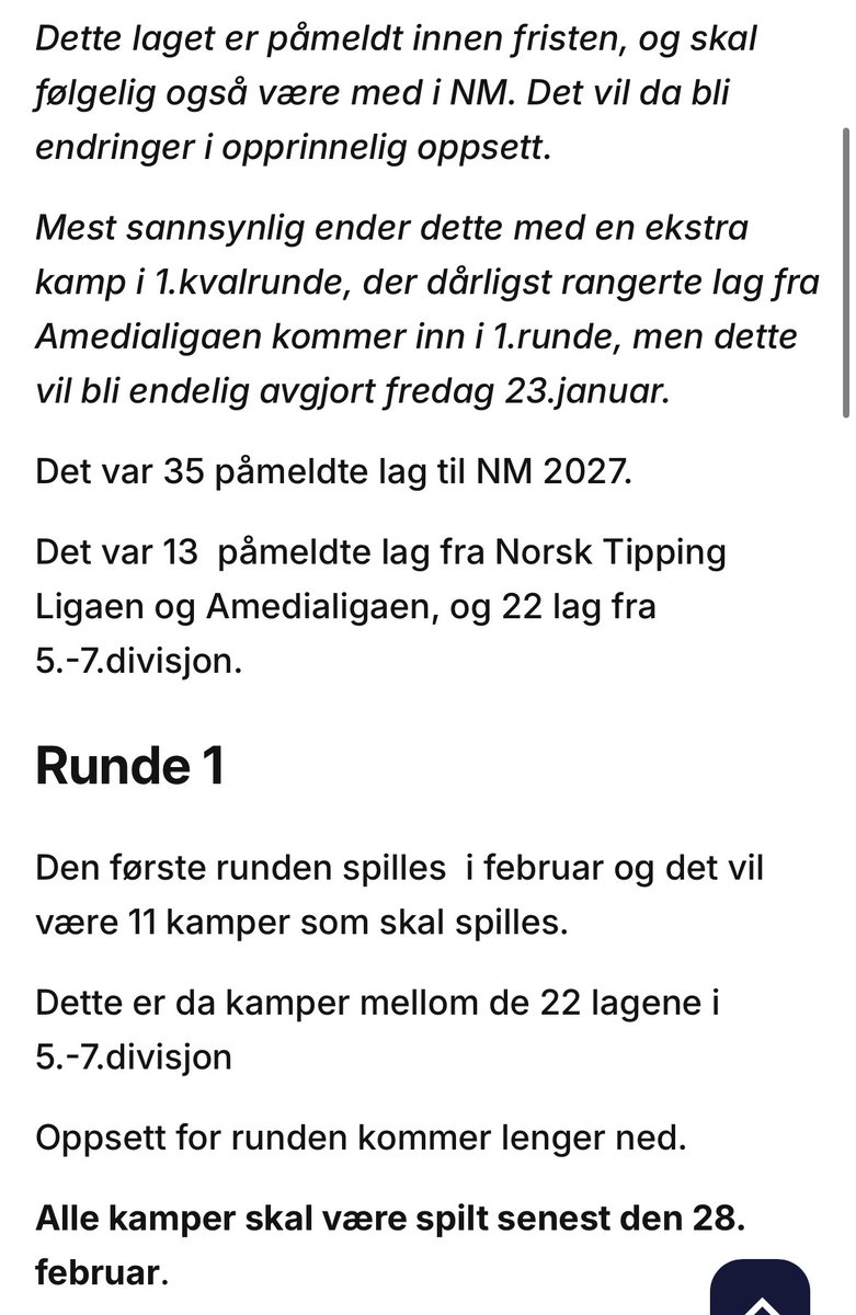 Akkurat da jeg trodde jeg hadde skjønt cupsystemet kom sjokkmeldinga om at NM 2027 inneholder 7.divisjon,m 1.runde uka før 3.runde av 2026-cupen som pågikk i 2025, men med et anonymt utelatt lag som «mest sannsynlig» skal ha ekstrakamp mot et lag på Amedia-rankinga? 😳 #jokernord