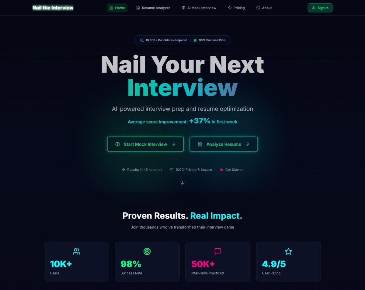 🚀 Introducing: Nail the Interview
​It’s an AI-powered interview prep platform wrapped in an immersive Cyberpunk 3D environment.

​What it does:
✅ Resume Checker
✅ JD Matcher
✅ Interview Simulator
✅ ATS Optimizer

Link: nail-the-interview.vercel.app