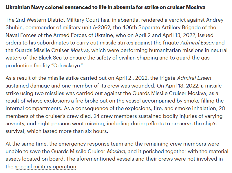 RALee85's tweet image. A Moscow military court has sentenced a Ukrainian commander to life in prison in absentia for the 2022 sinking of the Black Sea Fleet’s flagship, Moskva. In doing so, the court’s official press release—which was later deleted—admitted for the first time that the vessel was…