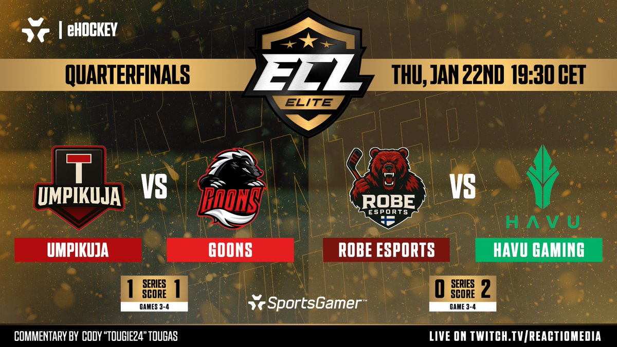 🔴 WE ARE LIVE! 🔴
🔥 #ECL26Winter Elite Quarterfinals

📺 twitch.tv/ReactioMedia

🟥 <a href="/Umpikuja_NHL/">Umpikuja</a> vs <a href="/Goons_esport/">GOONS</a> 🦨
🐻 <a href="/RobeEsports/">Robe Esports</a> vs <a href="/HAVUgaming/">HAVU</a> 🌲

🎙️ <a href="/Tougie24/">Tougie24</a> on the mic

#eHockey #NHL26