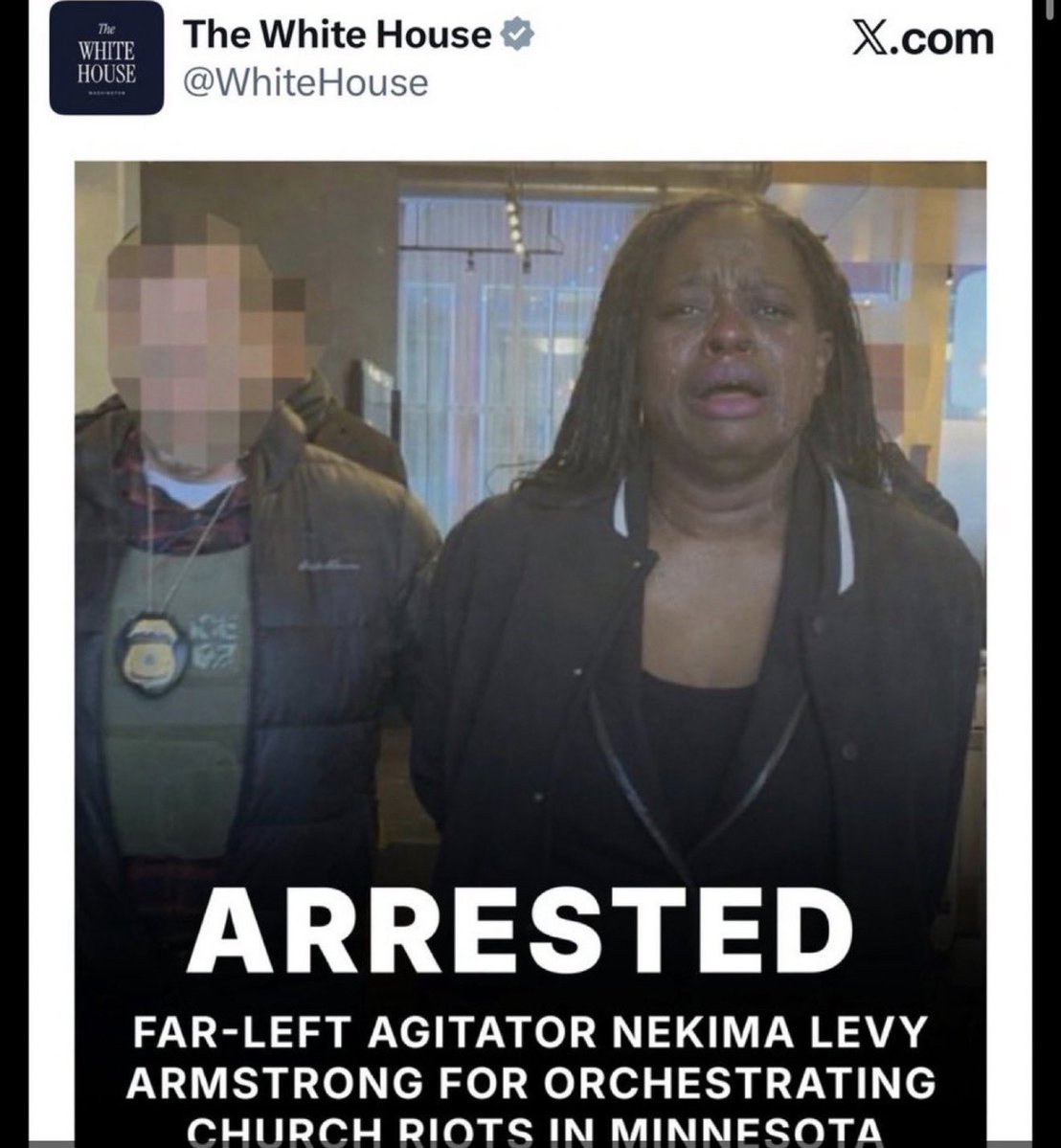 krassenstein's tweet image. BREAKING: The racist White House has used AI to edit a normal photograph of Minneapolis church protester Nekima Levy Armstrong, making her face crying and ugly. 

Did the White House care to state why they are manipulating photographs of people, as their DOJ arrests them on…