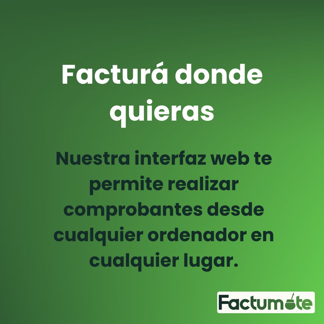 Factumate's tweet image. Facturá donde quieras, cuando quieras.
Nuestra interfaz web te permite emitir comprobantes desde cualquier lugar 💻🌍