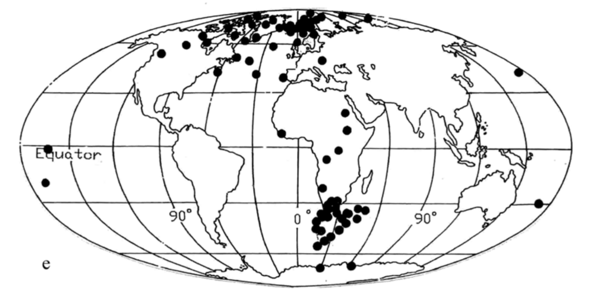 Nami (2015) reported paleomagnetic data from early Holocene sediments in Ecuador and plotted the resulting virtual geomagnetic poles (VGPs). The primary VGP groupings cluster around Greenland and southern Africa. The Arctic and southern African clusters are separated by roughly
