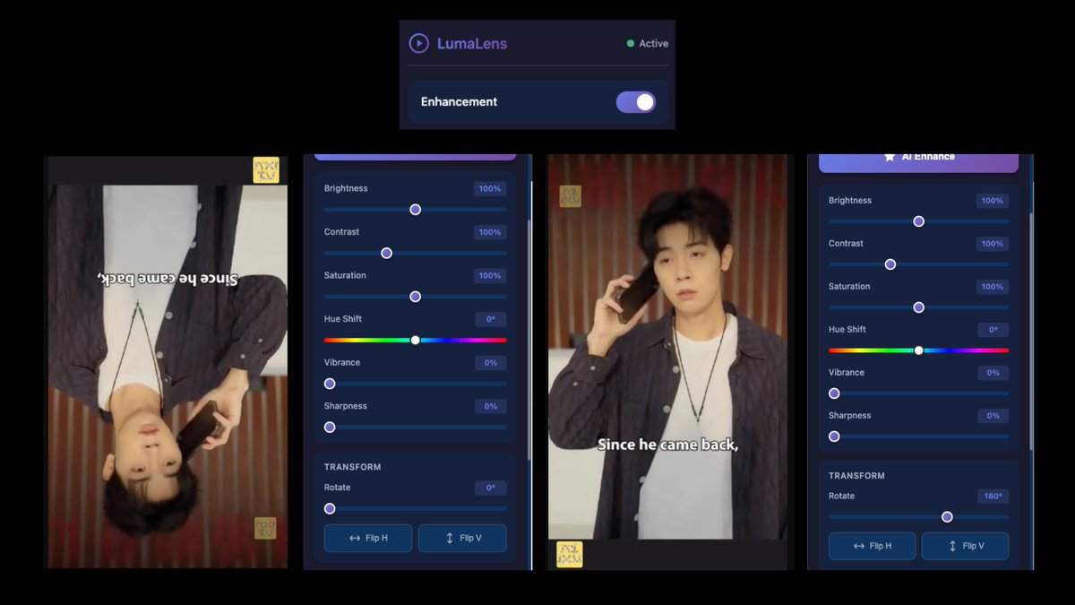 Big update to LumaLens! 🚨

We’ve added a dedicated Transform suite to our AI enhancement toolkit. 

✅ Rotate videos up to 360° 
✅ Flip Horizontal (mirroring) 
✅ Flip Vertical

Perfect for fixing orientation issues or getting that creative mirror effect instantly.

Link :