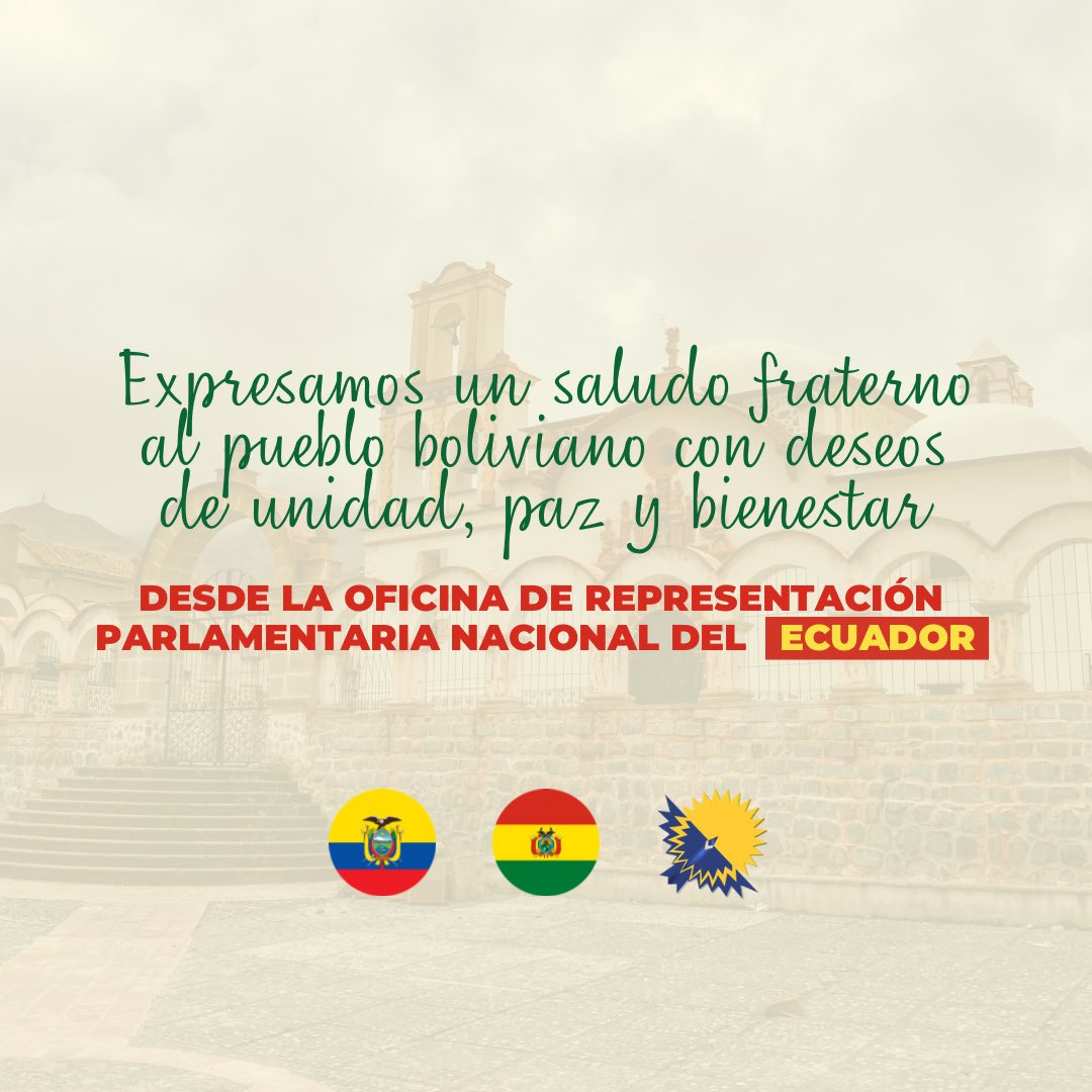 Hoy saludamos al pueblo boliviano en la conmemoración del Día de la Creación del Estado Plurinacional de Bolivia, reafirmando nuestro compromiso con la integración andina y la cooperación entre nuestros países. 🇪🇨🤝🇧🇴
 #Bolivia #ParlamentoAndino #Ecuador #ComunidadAndina