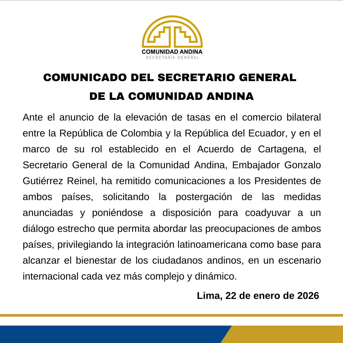 ComunidadAndina's tweet photo. Comunicado del Secretario General de la #ComunidadAndina https://t.co/rjzVpTaM5K
