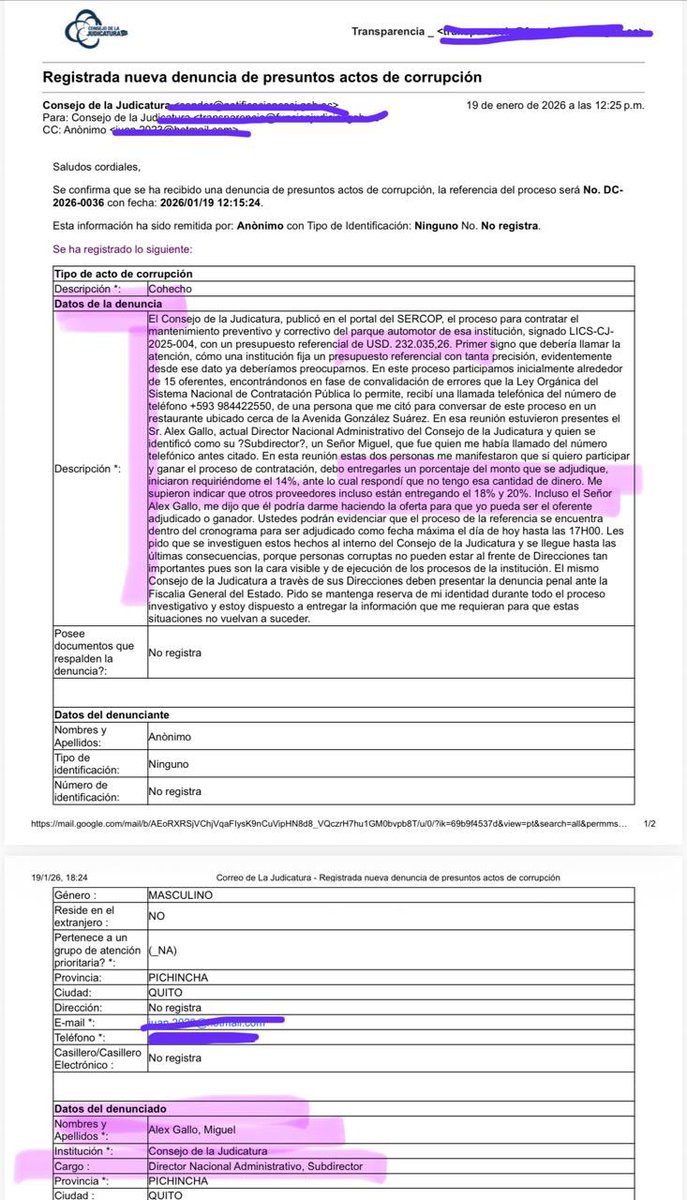 ⚠️ Nuevo escándalo en el <a href="/CJudicaturaEc/">Consejo de la Judicatura</a>:
👉🏻 El Director Nacional Administrativo, en la gestión de <a href="/MarioGodoyEc/">Mario Godoy</a>, es denunciado por exigir hasta 18% de COIMA para adjudicar un contrato de USD 232.000 para el mantenimiento del parque automotor del Consejo de la Judicatura 😡
