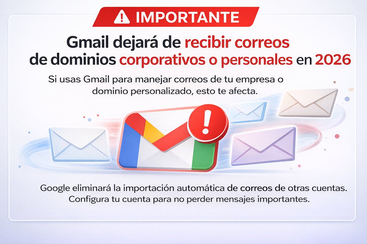 vleeko's tweet photo. Aviso Importante:

A partir de Febrero 2026 ya no podrás seguir utilizando Gmail como gestor de correos de cuentas externas por la vía POP.

Si tenías configurado tu correo para enviar/recibir correos con tu dominio personalizado debes tomar en cuenta que el servicio cesará. https://t.co/u0FymxfWcM