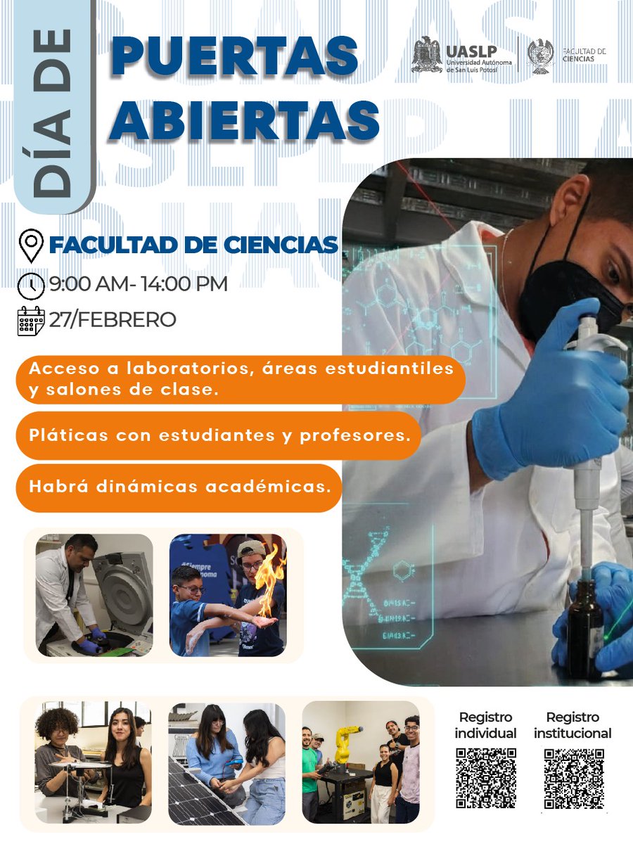 LaUASLP's tweet photo. 👨🔬⚛️ ¿Te gustaría conocer la oferta educativa de la Facultad de Ciencias? asiste a su próximo Día de Puertas Abiertas.
🗓️ 27 de febrero, 9 a.m. a 2 p.m., entrada libre.
Previo registro, disponible en la imagen.
¡Te esperamos! 🤓
#SomosUASLP https://t.co/LcBZcJ2dIH