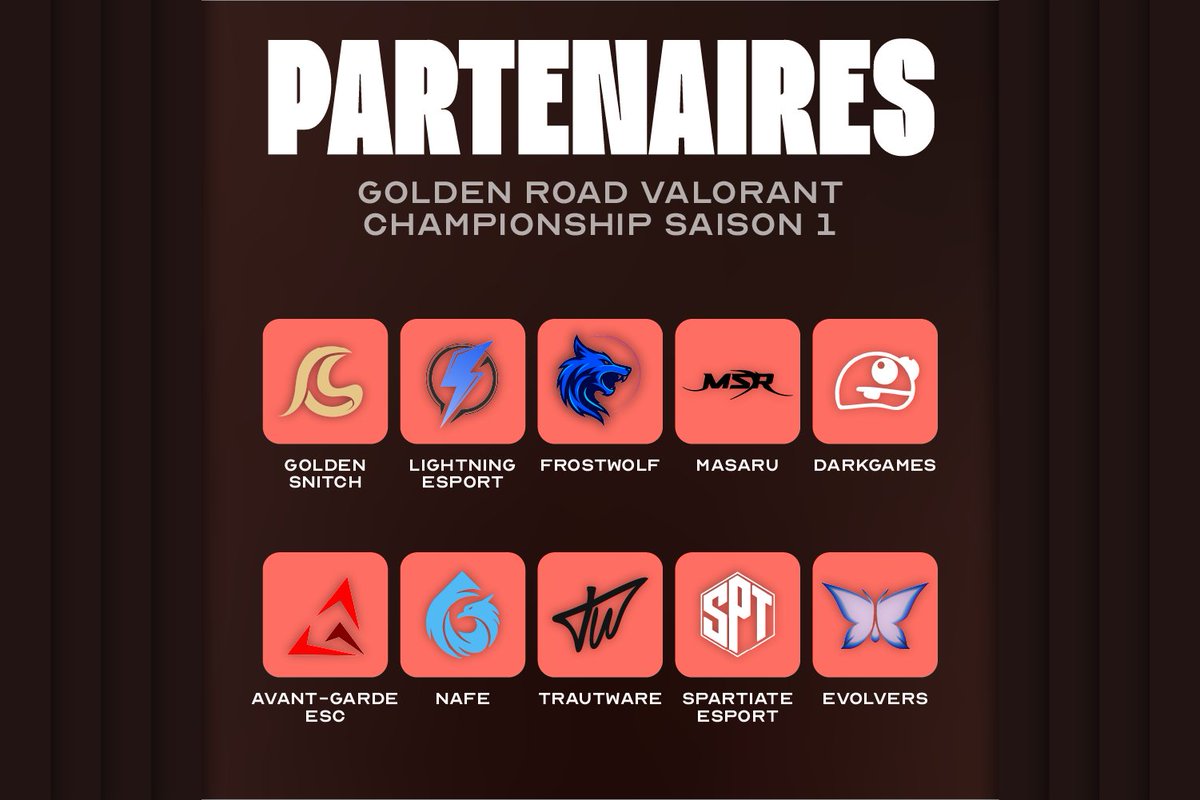 🏆Nouveaux Partenaires🏆

A quelques jours du début de la compétition, nous vous annonçons les 4 dernières structures à nous rejoindre sur Valorant !
Bienvenue à <a href="/NafeOfficiel/">NAFE</a>, <a href="/Trautware/">Trautware</a>, <a href="/Spartiate_Es/">Spartiate esport</a> et <a href="/evolvers_esport/">REV | Evolvers</a> !