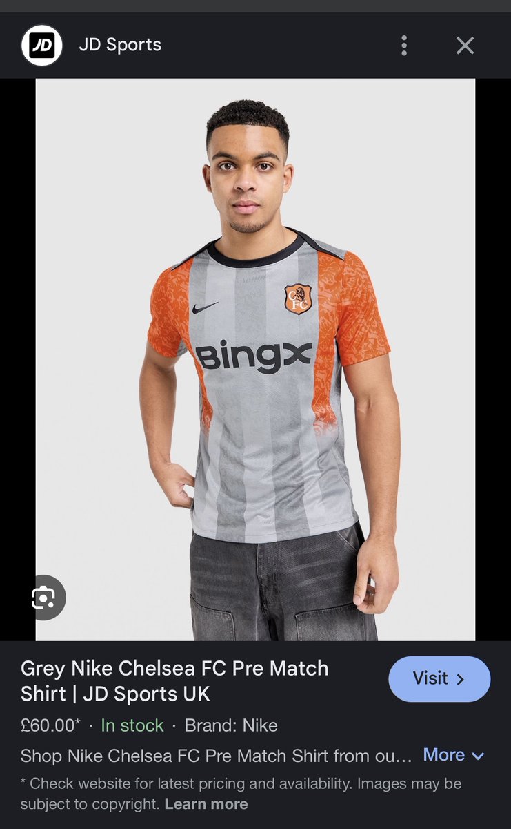 DanStaunton's tweet photo. @SonOfChelsea @Footy_Headlines Was available on JD Sports, but page/link has been taken down. £60 for a pre match shirt is a disgrace though. https://t.co/Sc7qRe1o7j