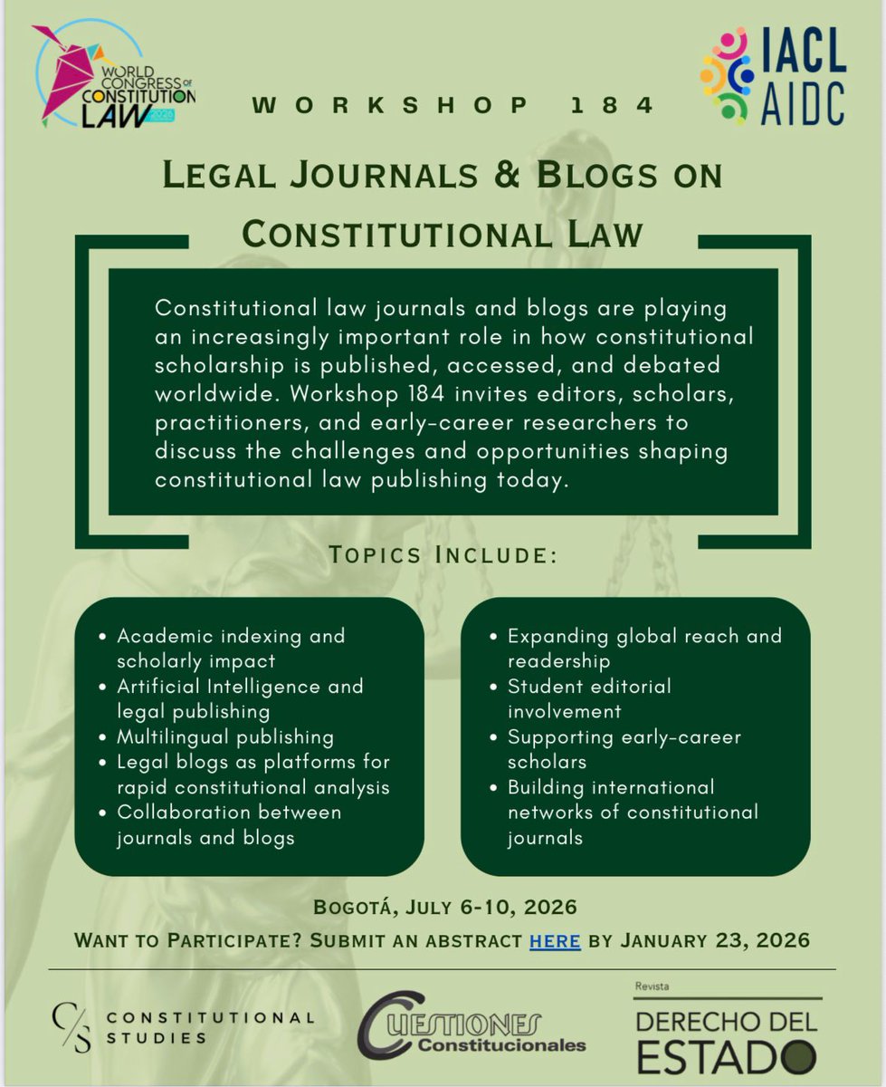 Workshop 184 Revistas juridicas y blogs sobre Derecho Constitucional.
Invita a editores, académicos, profesionales e investigadores a debatir los desafíos de la publicación de Derecho Constitucional en la actualidad.
Envía tu abstract aquí: wccl2026.com/envio-de-abstr…