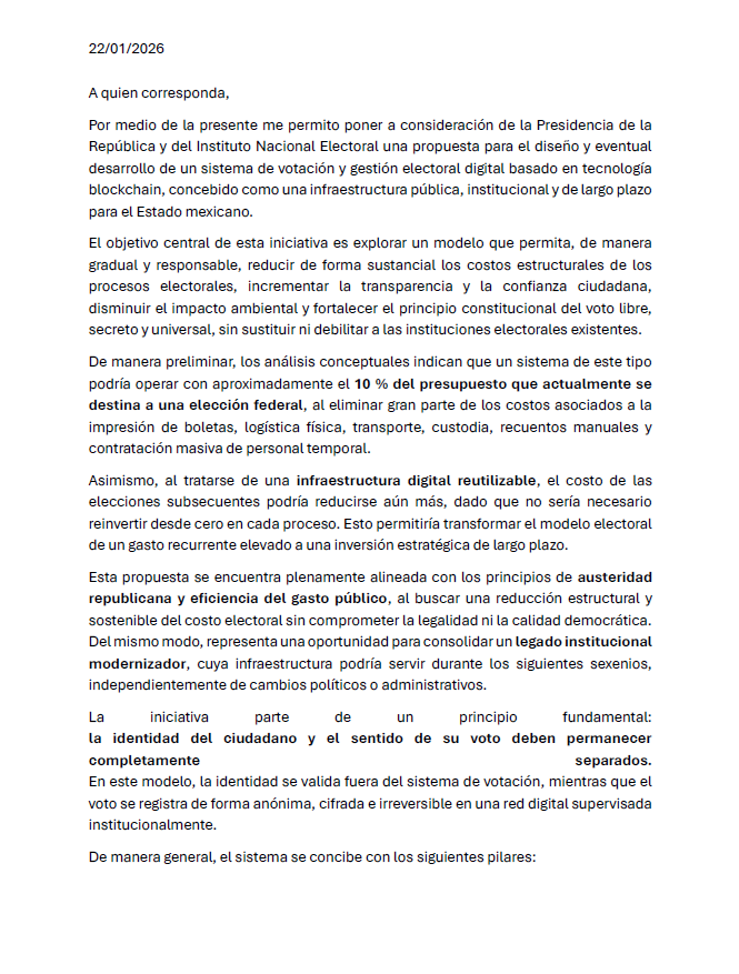 Rodrigo64309792's tweet photo. @Claudiashein @lorenzocordovav 
Propuesta para el desarrollo de sistema electoral digital basado en blockchain en México... Quedamos a disposición para ampliar la información técnica y resolver cualquier duda que permita evaluar los alcances y la viabilidad del proyecto. https://t.co/k6HuUmGX86