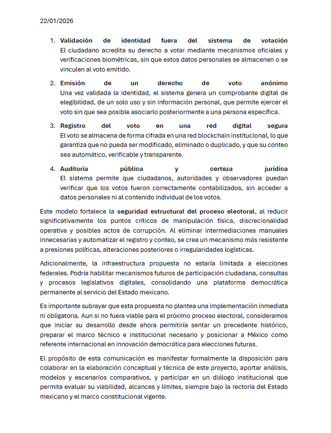 Rodrigo64309792's tweet photo. @Claudiashein @lorenzocordovav 
Propuesta para el desarrollo de sistema electoral digital basado en blockchain en México... Quedamos a disposición para ampliar la información técnica y resolver cualquier duda que permita evaluar los alcances y la viabilidad del proyecto. https://t.co/k6HuUmGX86