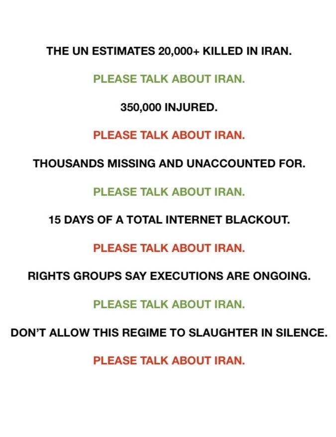 We cannot allow the media and the world to go back to business as usual. 

Please keep talking about Iran.

We owe it to our fallen heroes.