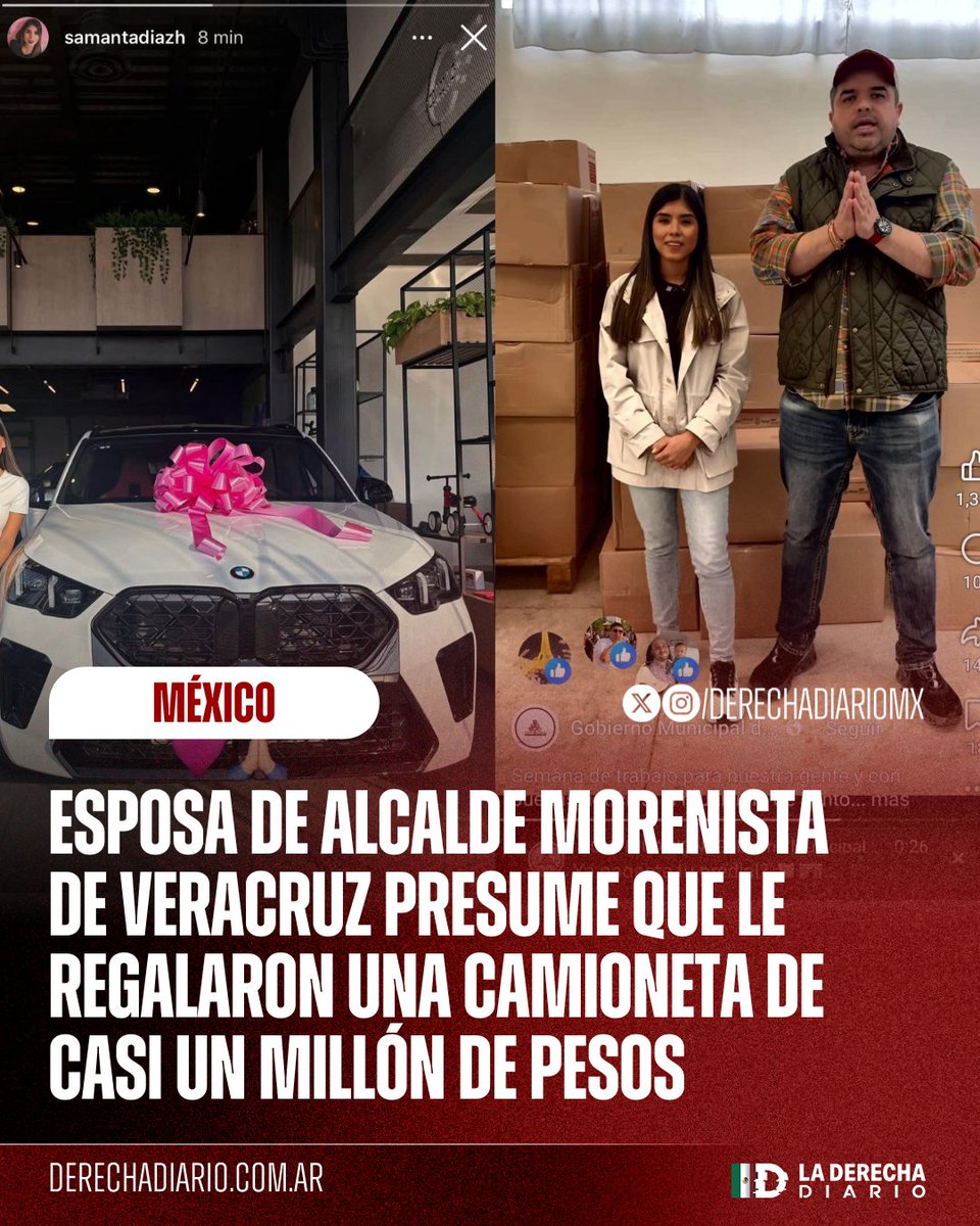 🚨🇲🇽 | SE DAN LA GRAN VIDA CON LOS IMPUESTOS: La esposa del alcalde morenista de Tantoyuca, Veracruz, Roberto San Román, presumió que le dieron de regalo una camioneta BMW de casi un millón de pesos, porque ella sabe que la austeridad solo es para los chairos, no para políticos.