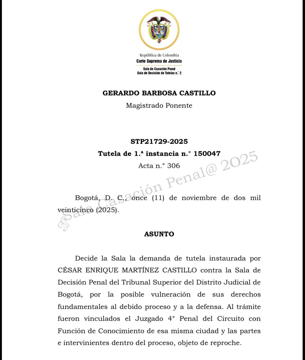 La Corte Suprema de Justicia nos dio la razón en acción de tutela contra el Tribunal Superior de Bogotá, por vulneración al derecho del debido proceso y a la defensa, al no realizar la notificación de la providencia de segunda instancia y la citación para la lectura del fallo.