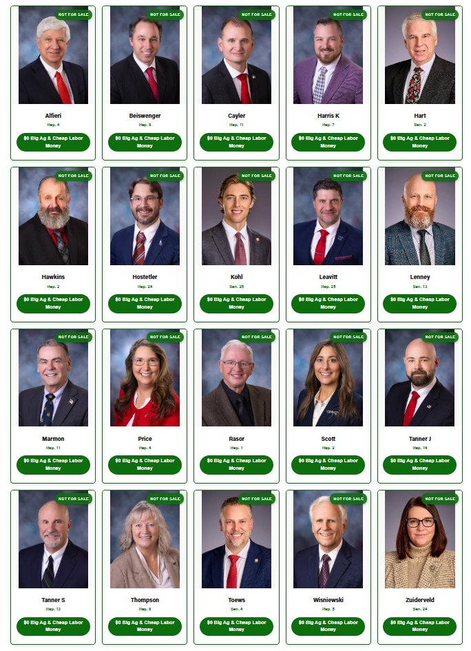 secureIDelect's tweet photo. Not for sale. 

These Idaho legislators have taken $0 from special interests that benefit from mass illegal labor and voted to protect Idaho jobs and resources last session. We’re confident they’ll vote the right way on immigration reform this session.

No Big Ag money.
No cheap labor lobby money.
Just accountability to Idaho voters.

👉 Link to full list in comments :