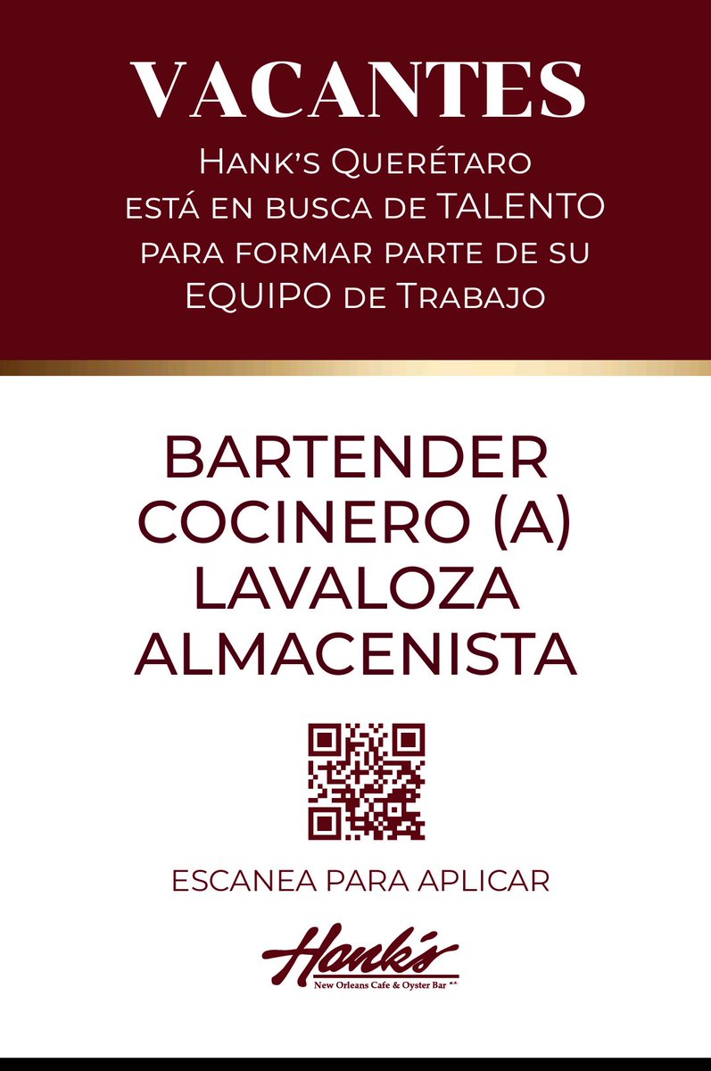 HanksQueretaro's tweet photo. Buscamos Talento para unirse al Equipo de Trabajo de Hank's Querétaro.

Escanea el QR para aplicar.

#vacantes #queretaro #restaurante #bar https://t.co/gc3DbnHtQq