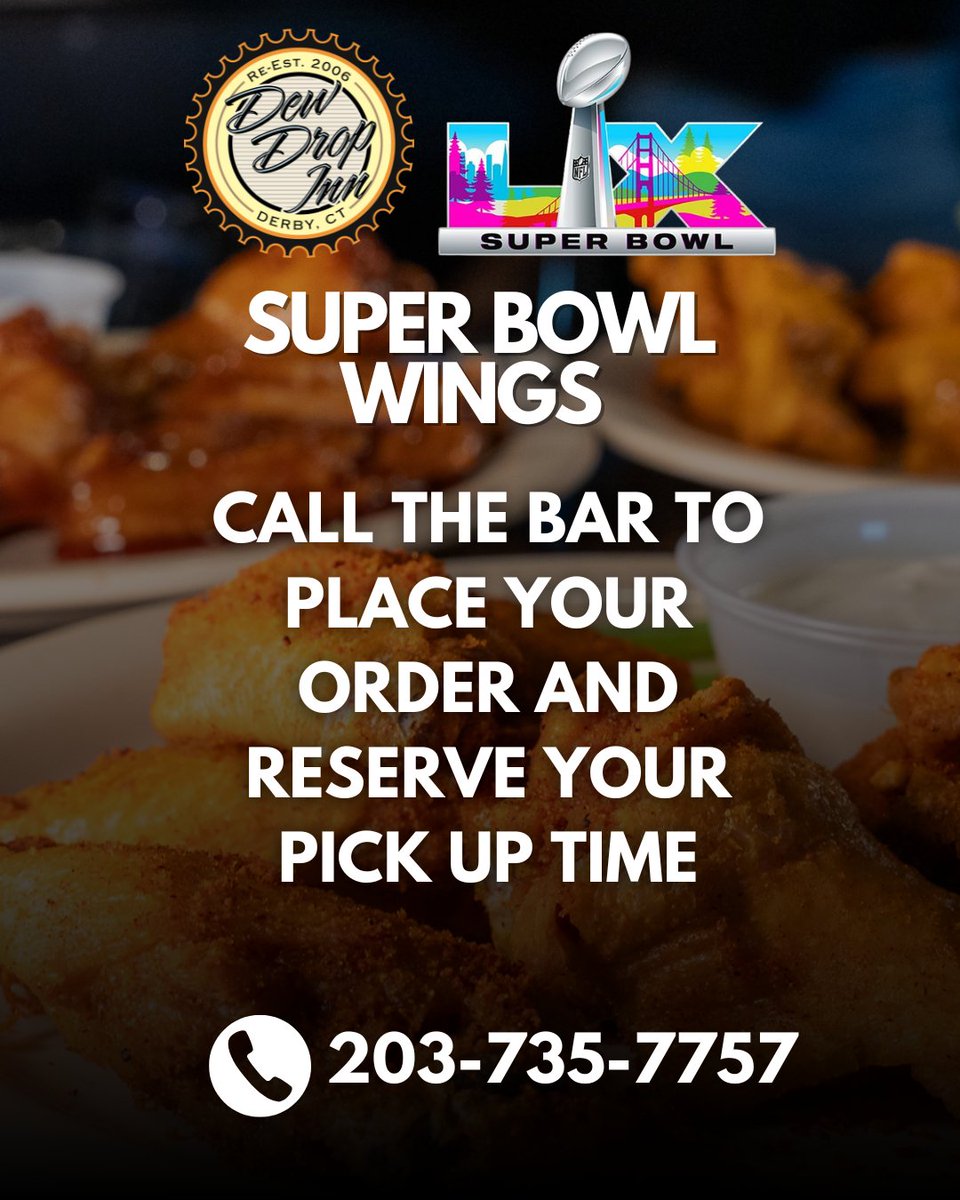 DewDropInnCT's tweet photo. Wing pick up spots fill up quick so be the Super Bowl Eats hero and call in your order ASAP!

https://t.co/BtVv3sXRzd
#dewdropinnct #bestwings #ctwings #wingsaddicts https://t.co/3rrfsdqgWU