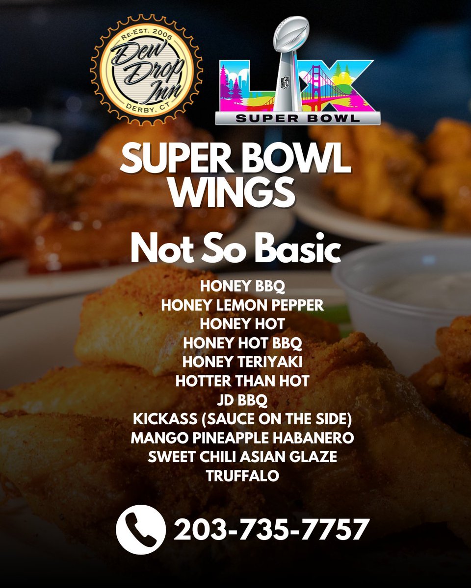 DewDropInnCT's tweet photo. Wing pick up spots fill up quick so be the Super Bowl Eats hero and call in your order ASAP!

https://t.co/BtVv3sXRzd
#dewdropinnct #bestwings #ctwings #wingsaddicts https://t.co/3rrfsdqgWU