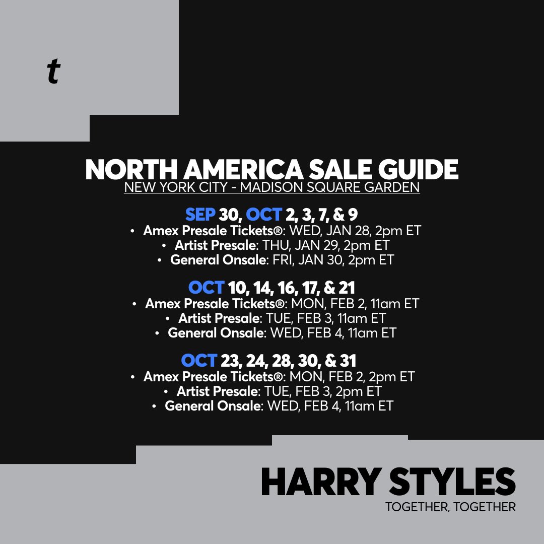 Ticketmaster's tweet image. 🎟 Harry Styles North American Presale &amp;amp; General Onsale Info

    •    Amex Presale Tickets®
    •    Artist Presale

🗓️ PRESALE AND ONSALE DATES WILL DEPEND ON YOUR PRESALE TYPE, AND SHOW DATE. See below for details.

🎫: bit.ly/4qc87ZD