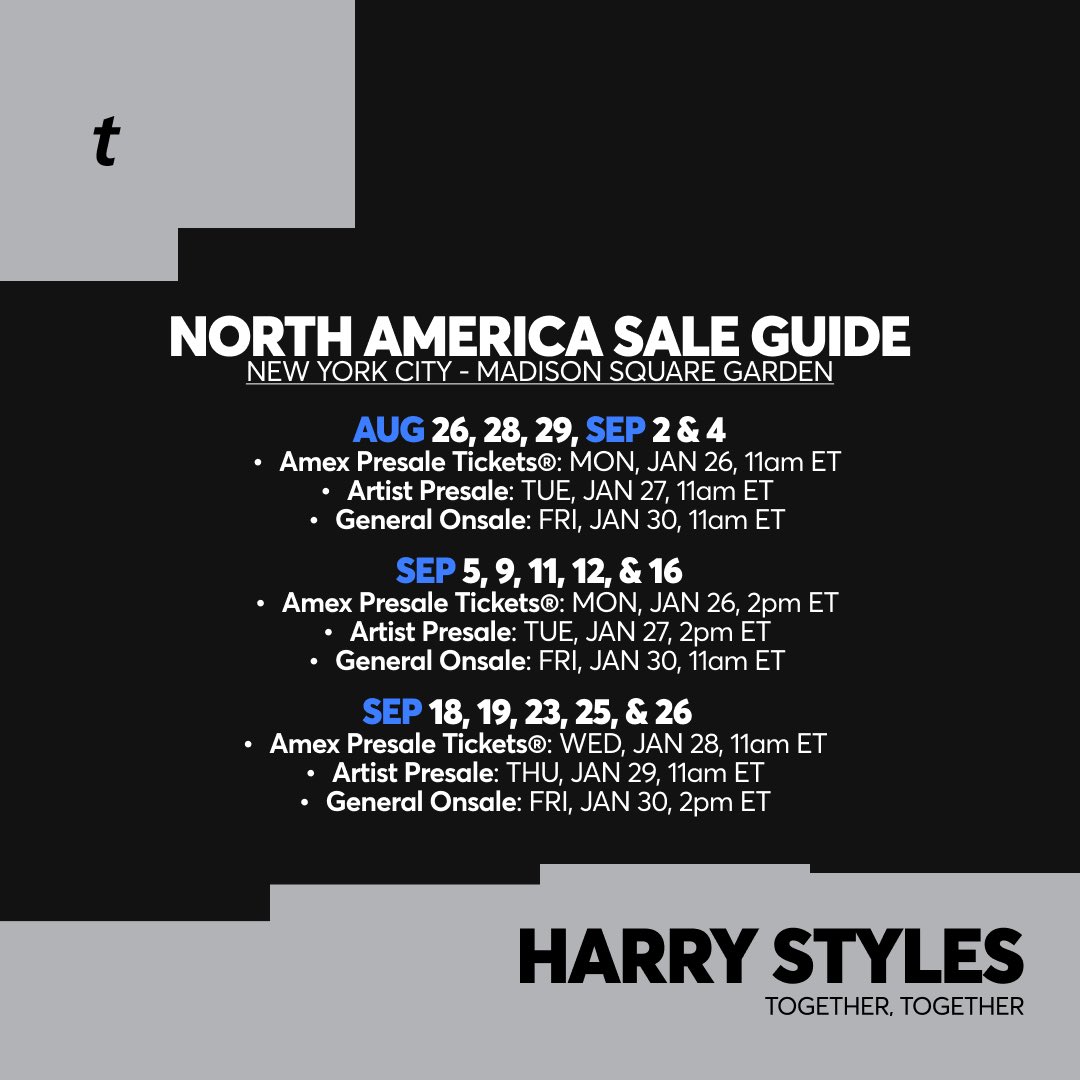 Ticketmaster's tweet image. 🎟 Harry Styles North American Presale &amp;amp; General Onsale Info

    •    Amex Presale Tickets®
    •    Artist Presale

🗓️ PRESALE AND ONSALE DATES WILL DEPEND ON YOUR PRESALE TYPE, AND SHOW DATE. See below for details.

🎫: bit.ly/4qc87ZD