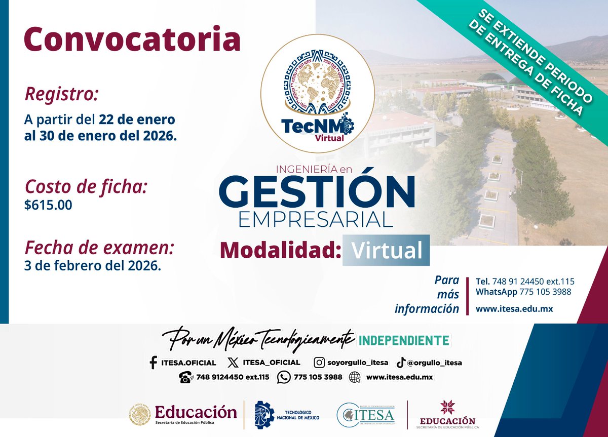 ITESA_OFICIAL's tweet photo. 🚨 ¡Se amplía el registro de ficha!
Estudia Ingeniería en Gestión Empresarial 100% en línea en #ITESA sin dejar tu trabajo.
📅 Registro: 22–30 enero | 📝 Examen: 3 feb
🎓 Flexibilidad + validez oficial
👉 https://t.co/FTiQvuvbbN https://t.co/1NoIVZ36QQ