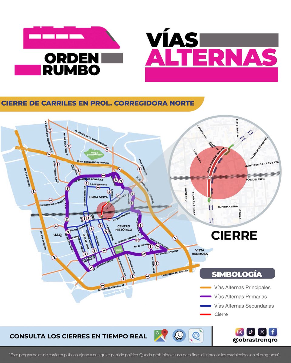 Para que siga avanzando la obra federal, habrá cierre de carriles en Prol. Corregidora Norte.

Te invitamos a usar las vías alternas señaladas y tomar precauciones.

Planea tu ruta y evita contratiempos en tu traslado.
