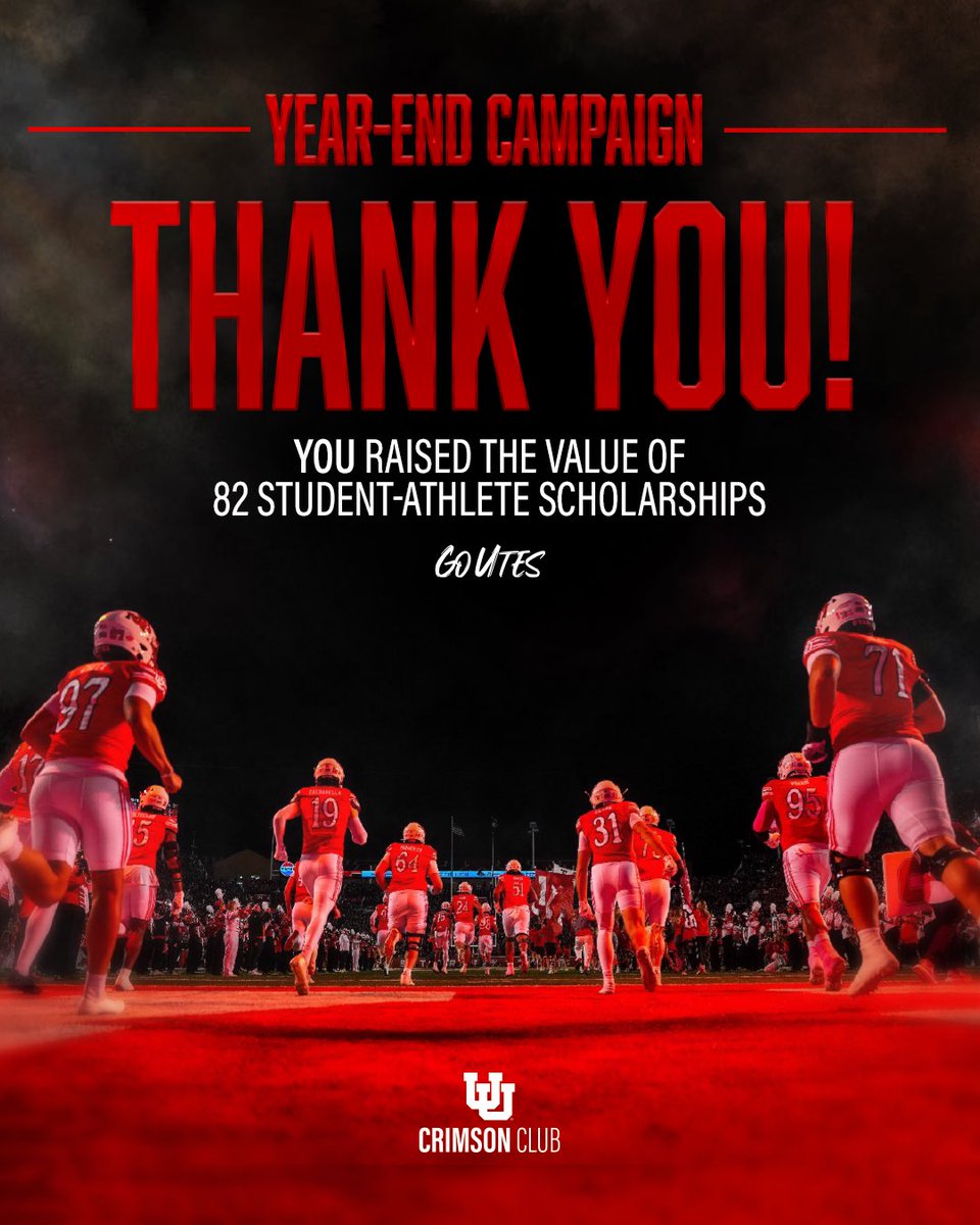 RobClark10's tweet image. Thank U to our loyal @CrimsonClub members that gave nearly double the goal of 50 @utahathletics scholarships at the end of 2025 (in less than 6 weeks).  
🚨CONFIRMED🚨@UUtah is special because of our Utah Family. #GoUtes #ThankU