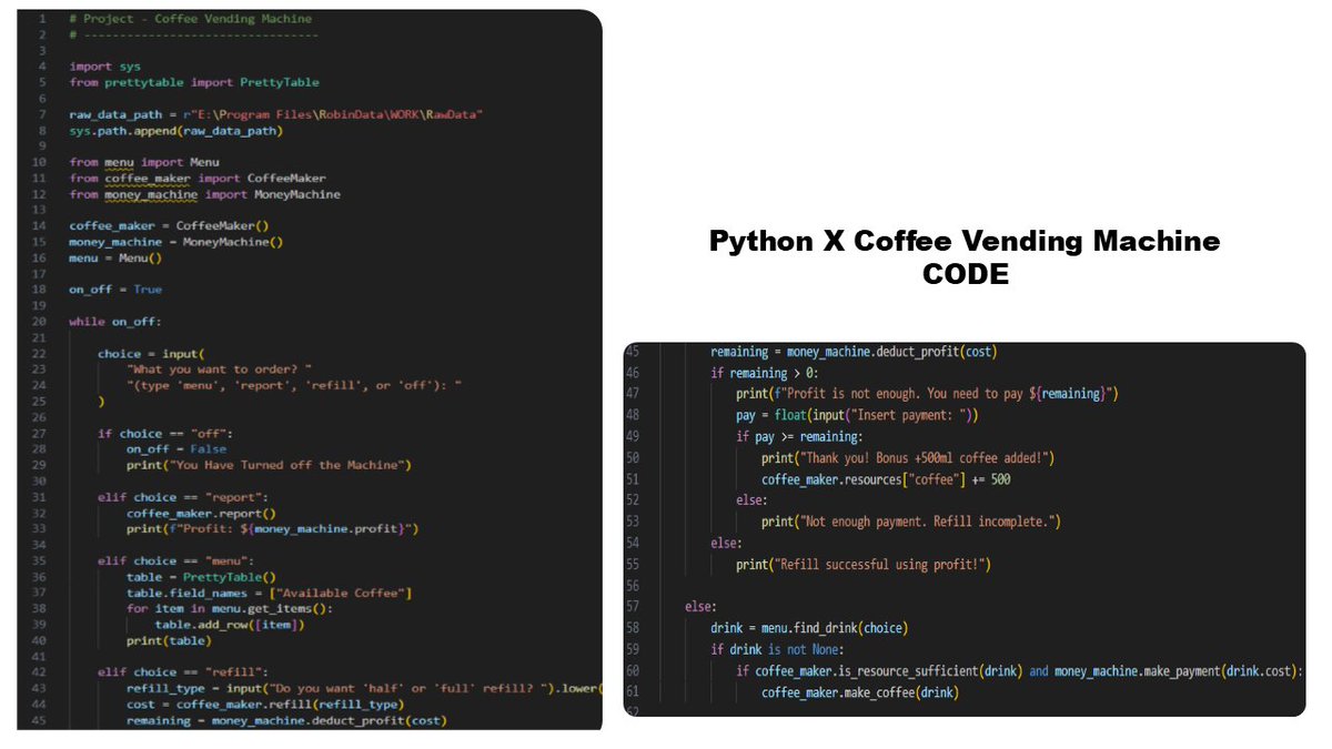 RobinGupta0358's tweet photo. DAY16/100–Python Coffee Vending Machine
PrettyTable menu
Tracks resources&amp;profit💧💰
Coin payment system💵
Refill options+bonus coffee🔄🎁
OOP design MenuItem,Menu,CoffeeMaker,MoneyMachine🏗
📁GitHub:https://t.co/mVdSTicWsZ
#Python #Coding #OOP #BeginnerProject #100DaysOfCode https://t.co/7Gohh6JptZ