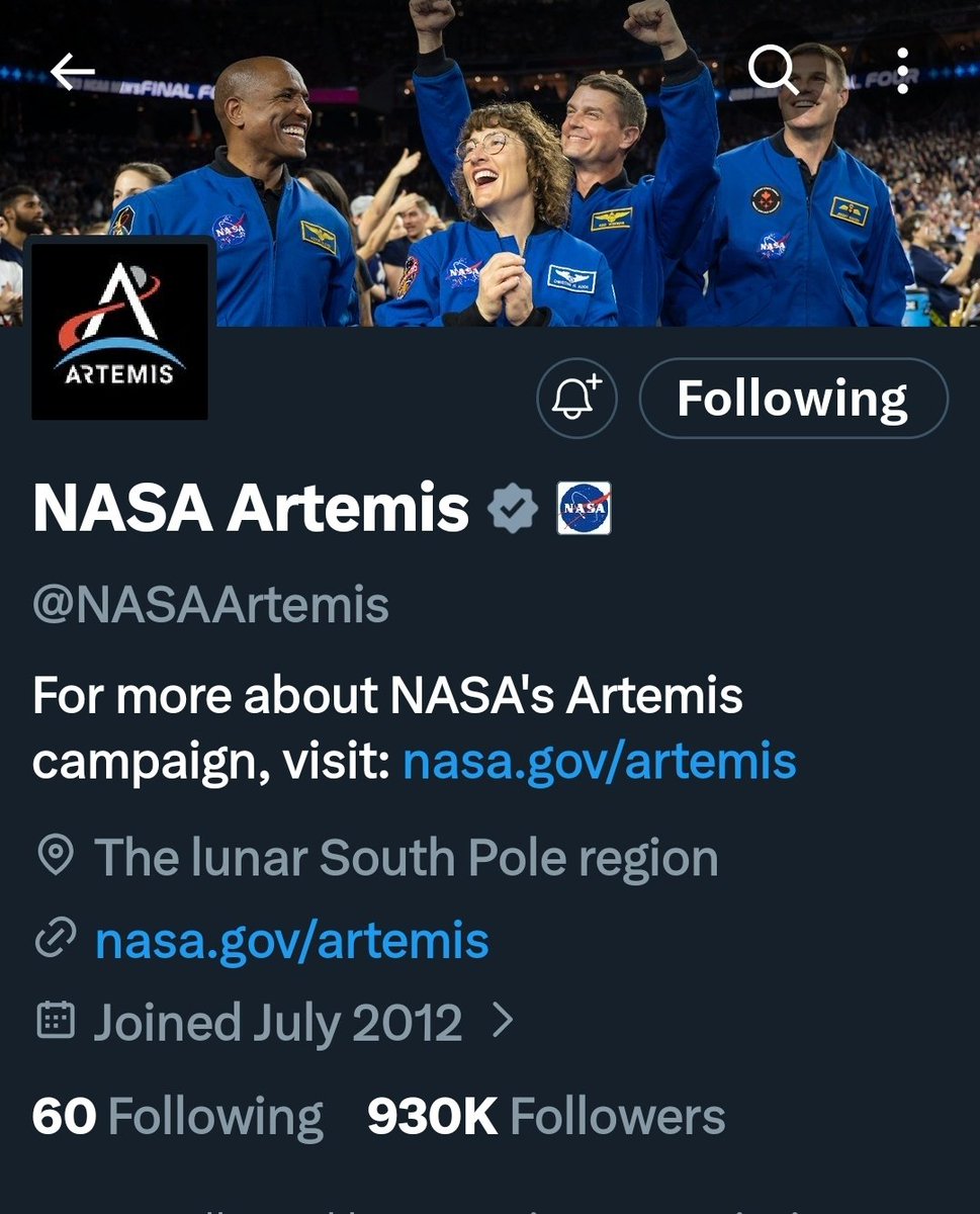 There's an official <a href="/NASAArtemis/">NASA Artemis</a> page with nearly 1M followers dedicated to the $ARTEMIS II mission and some of you haven't caught on yet. 

You will...

8PpVGHnn3fNwoydMmYinRYAX1LrKQCExjVMBMzPQpump