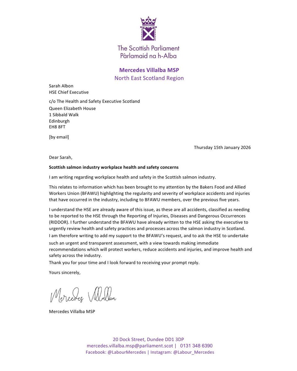 Over the last 5 years, there have been 139 serious accidents in the Scottish salmon industry.

That's why I've written to the Scottish HSE to ask for an urgent review of industry health and safety practices.

Thanks to the <a href="/BFAWUOfficial/">BFAWU</a> for bringing this matter to my attention.