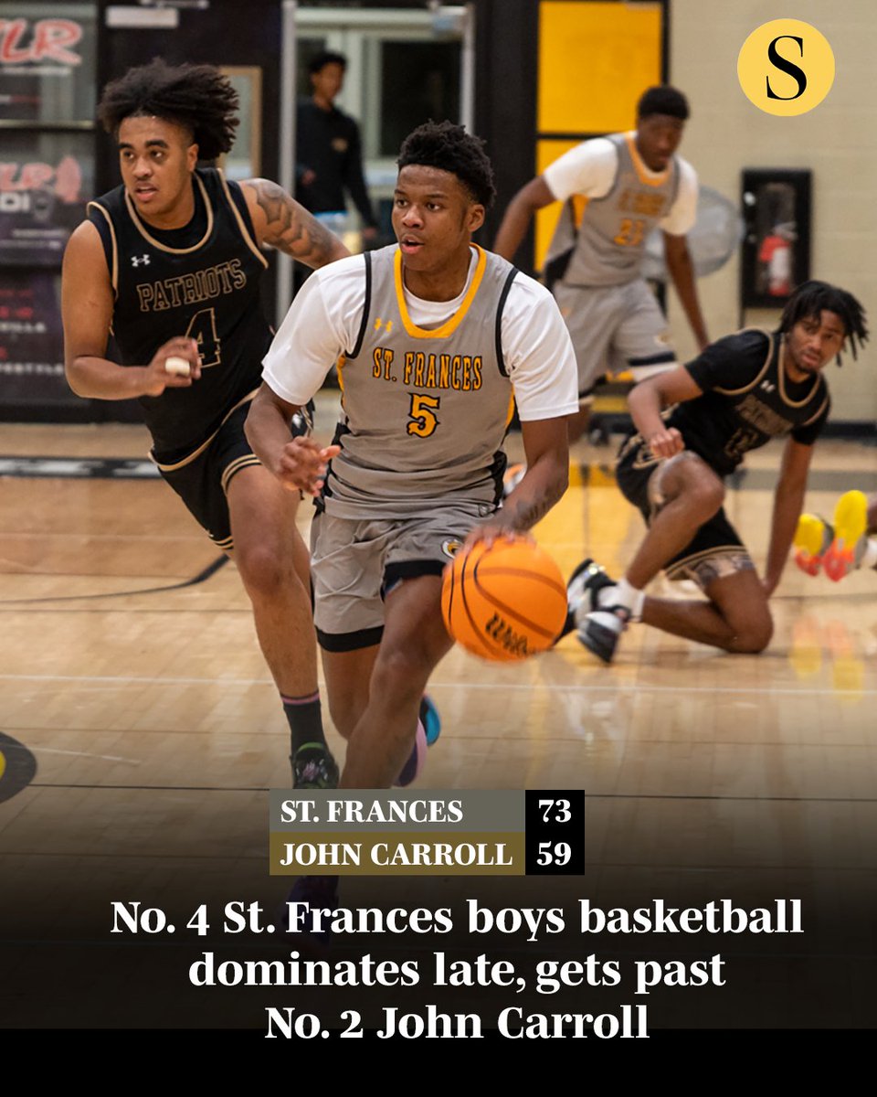 baltimoresun's tweet photo. At crunch time in close games, St. Frances boys basketball has a knack for finding the hot hand.

Wednesday against visiting John Carroll, Chance McCoy took precise aim.

The junior guard opened the fourth quarter with consecutive 3-pointers to provide the needed separation, and he scored 11 of his 16 points in the period to lift the No. 4 Panthers to a 73-59 victory over the No. 2 Patriots.

More: https://t.co/Fm98igQqWf

📸: Surya Vaidy