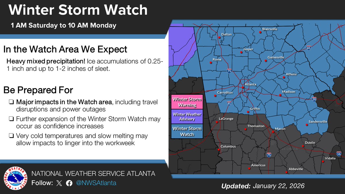 AFCEMA's tweet photo. The Winter Storm Watch has been extended to include the Atlanta Metro. Now is the time to continue preparing for the possibility of winter weather, especially icy conditions. https://t.co/awbWTOcr56