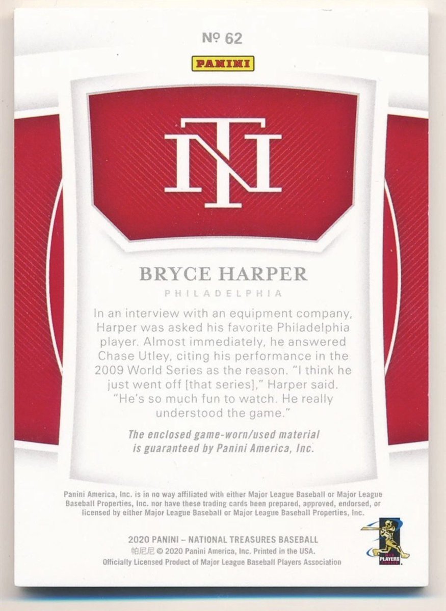 ECCardCo's tweet image. Day 4 PC Reveal 
One of my favorite players especially during my playing career! I’ve spent countless hours trying to replicate his swing from the right side of the plate. Had to have this in the PC 🔥

2020 Panini National Treasures Bryce Harper Patch # 1/10 
@CardPurchaser