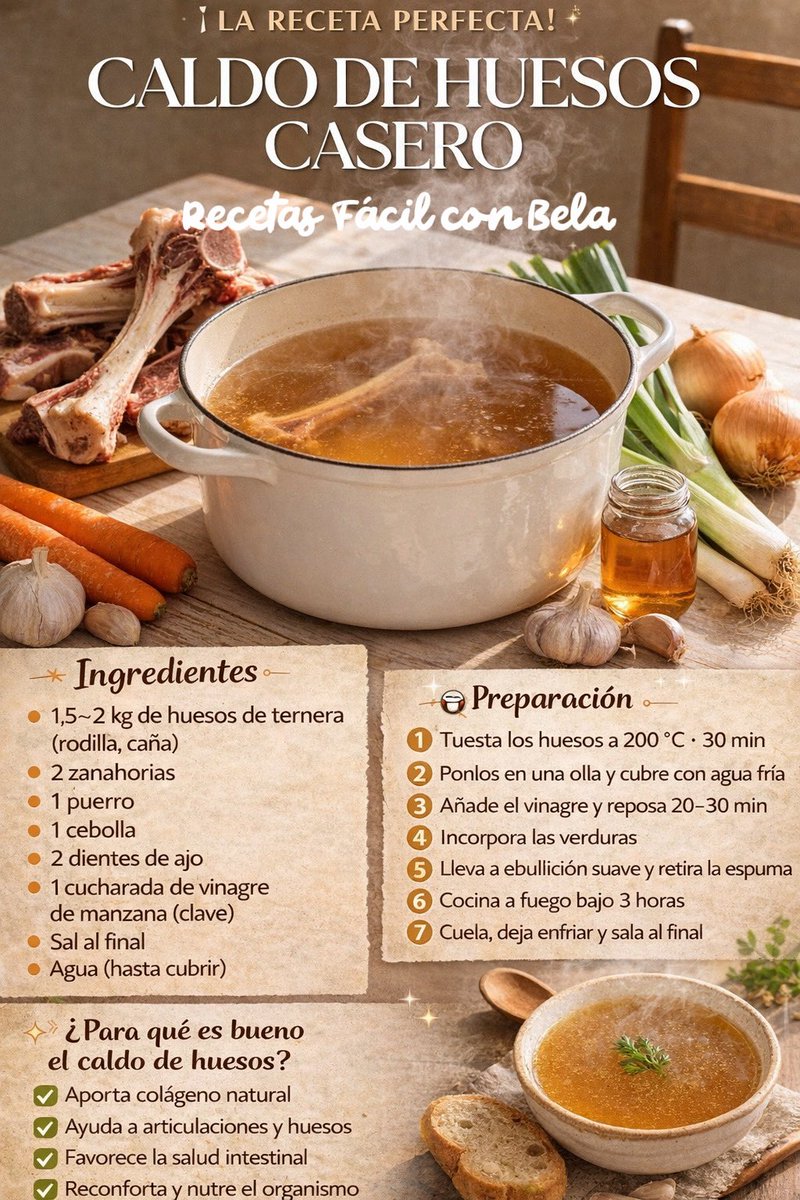 🦴 CALDO DE HUESOS CASERO

✨ ¿Para qué es bueno el caldo de huesos?
✔️ Aporta colágeno natural
✔️ Ayuda a articulaciones y huesos
✔️ Favorece la salud intestinal
✔️ Reconforta y nutre el organismo

Recetas Fácil con Bela
recetasfacilconbela.com