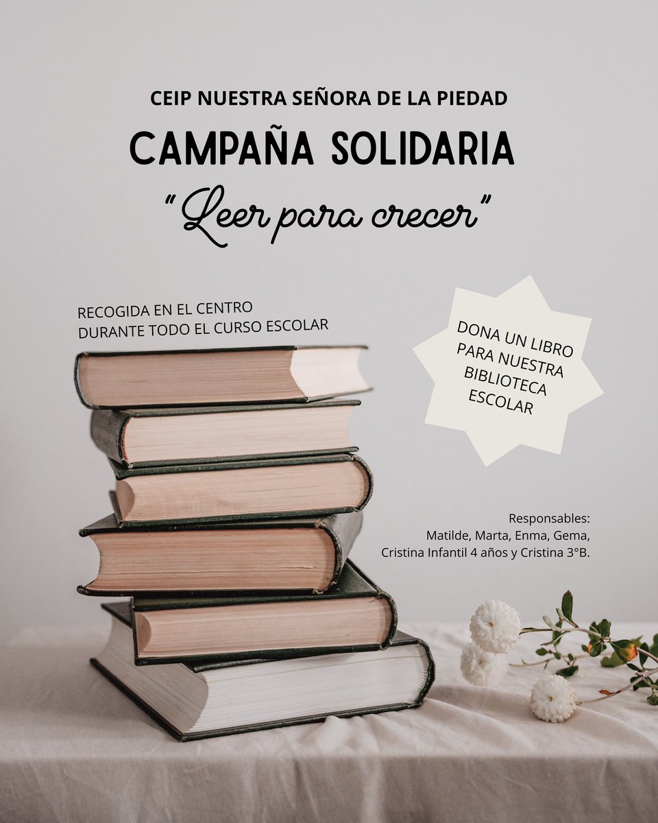 ¡Llega la campaña solidaria de libros al colegio “Leer para crecer”! 

A lo largo de este curso escolar 2025/2026, puedes donar libros al centro y así, ayudarnos a renovar la biblioteca del cole 📚 

¡Os agradecemos mucho vuestra colaboración! ❤️