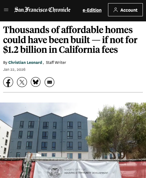 California cities levy about $20,000 in fees per new home. 

These fees can push a project over the edge, killing it, driving up the housing shortage. 

What's most striking is that these fees even apply to government-funded housing! 

Robbing government agency A to pay