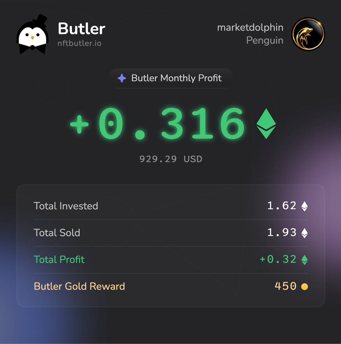 Market_Dolphin's tweet photo. 0.316 Ξ in profit made in the last 22 days using @nftbutler 💰📈

Sharing on X to grab my extra 450 Butler Gold 🟠
Bidding’s a breeze with NFT Butler in my arsenal!  🐧

#NFT #NFTCommunity #NFTButler

https://t.co/ltNwWBAr8E https://t.co/Qgo9vXqWym
