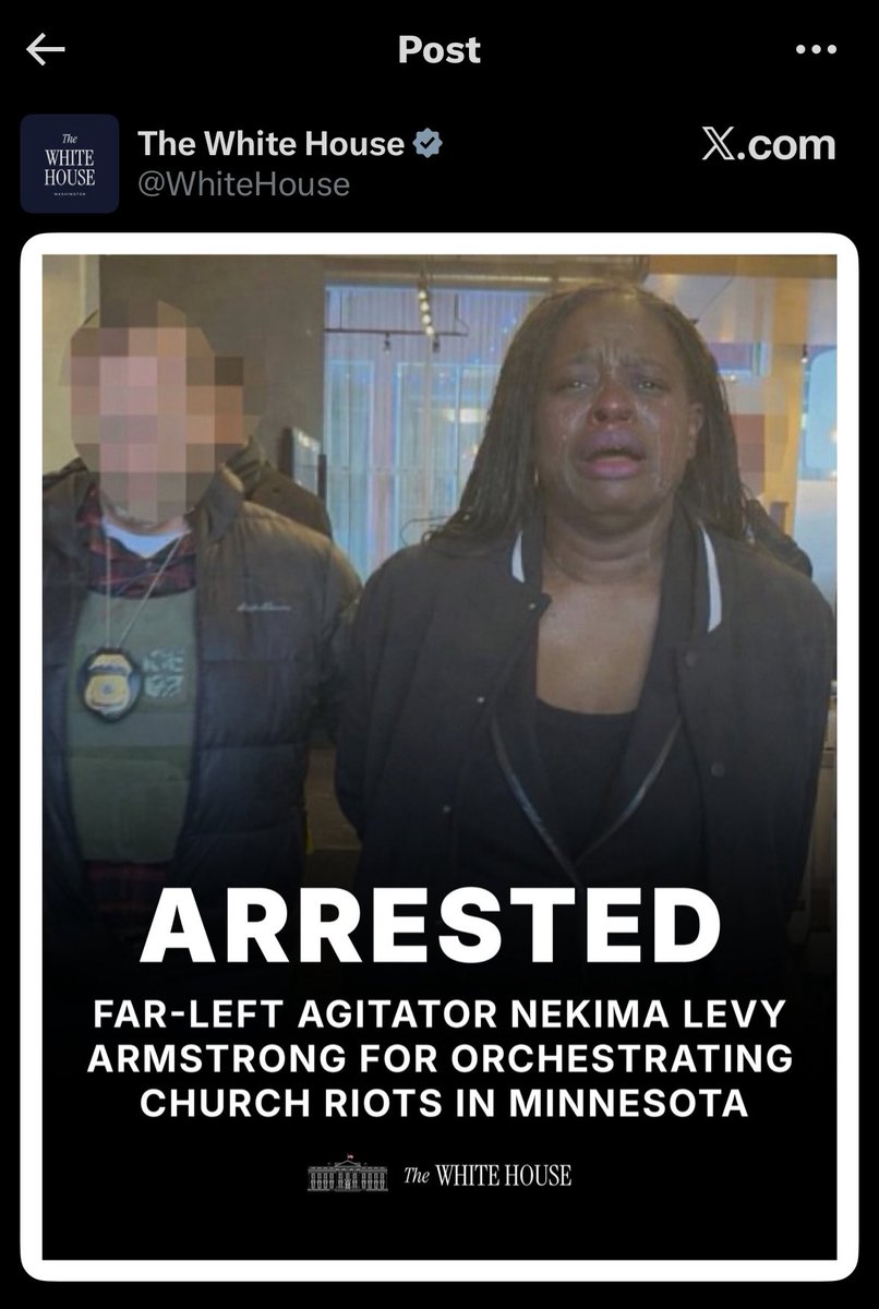 ddale8's tweet image. The White House has confirmed its official X account posted a fake image of a woman arrested in Minnesota after interrupting a service at a church where an ICE official appears to be a pastor. The White House image altered the actual photo to wrongly make it seem like the…