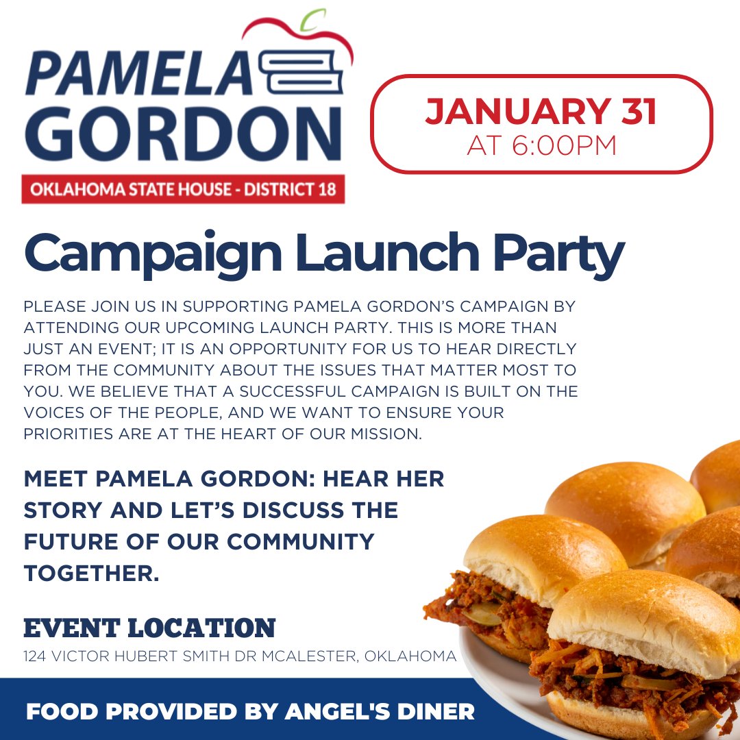 Gordon4House's tweet photo. Join us for the Pamela Gordon Campaign Launch Party on January 31st at 6:00 PM! Meet Pamela at 124 Victor Hubert Smith Dr in McAlester to hear her vision for District 18 and enjoy dinner provided by Angel’s Diner. We look forward to seeing you there as we kick off this campaign. https://t.co/9NbvWfVW9v