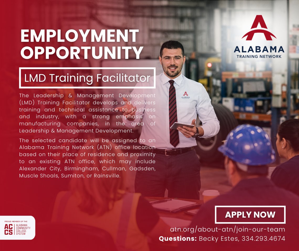 ALTrainNetwork's tweet image. Do you have a passion for leadership and developing people? The Alabama Training Network is seeking an LMD Training Facilitator to work directly with Alabama businesses to build stronger teams and leaders across the state.

Apply today: atn.org/about-atn/join…