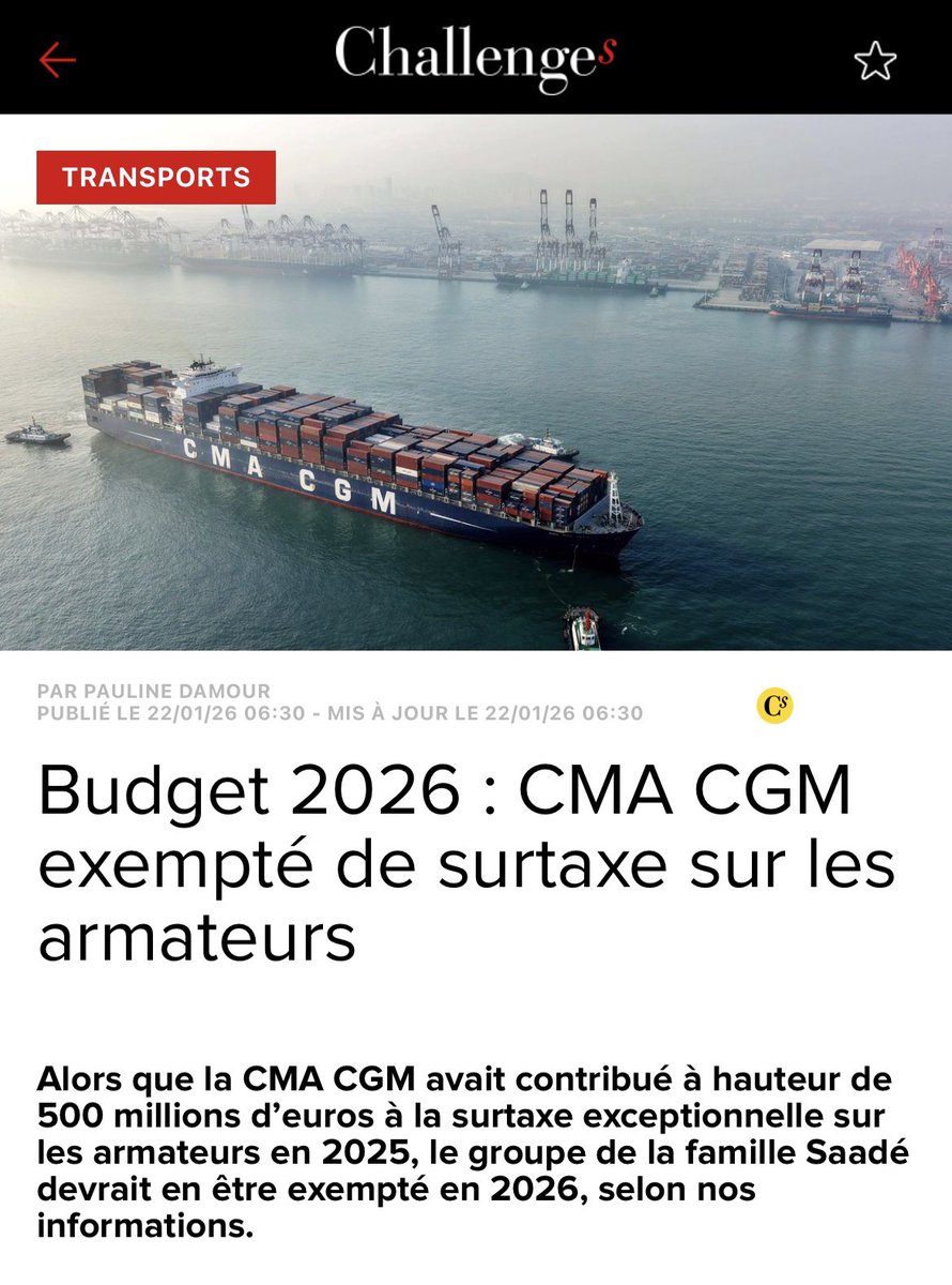 DestinationTele's tweet image. Ben voyons 😄
Le  gouvernement Macron exempte Rodolphe Saadé d’une taxe de… 500M€ !

Avec ces 500M€ on aurait pu construire 2 ou 3 hôpitaux, cela servira finalement au propriétaire de BFMTV, RMC, La Tribune, La Provence ou Brut pour racheter M6 l’année prochaine 🤷🏻‍♂️