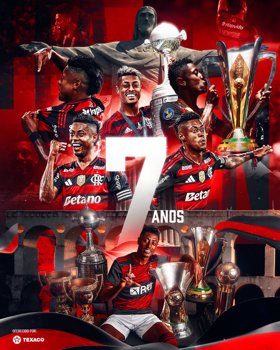 Flamengo's tweet image. O Bruno Henrique está #marcadonahistória do Mengão. Nesses 7 anos de Flamengo completados hoje, ele acumula 17 títulos conquistados em 345 jogos. Colecionando grandes momentos com o Manto, o Rei dos Clássicos já tem 110 gols e 53 assistências pelo Mais Querido.
Vamos por mais,…