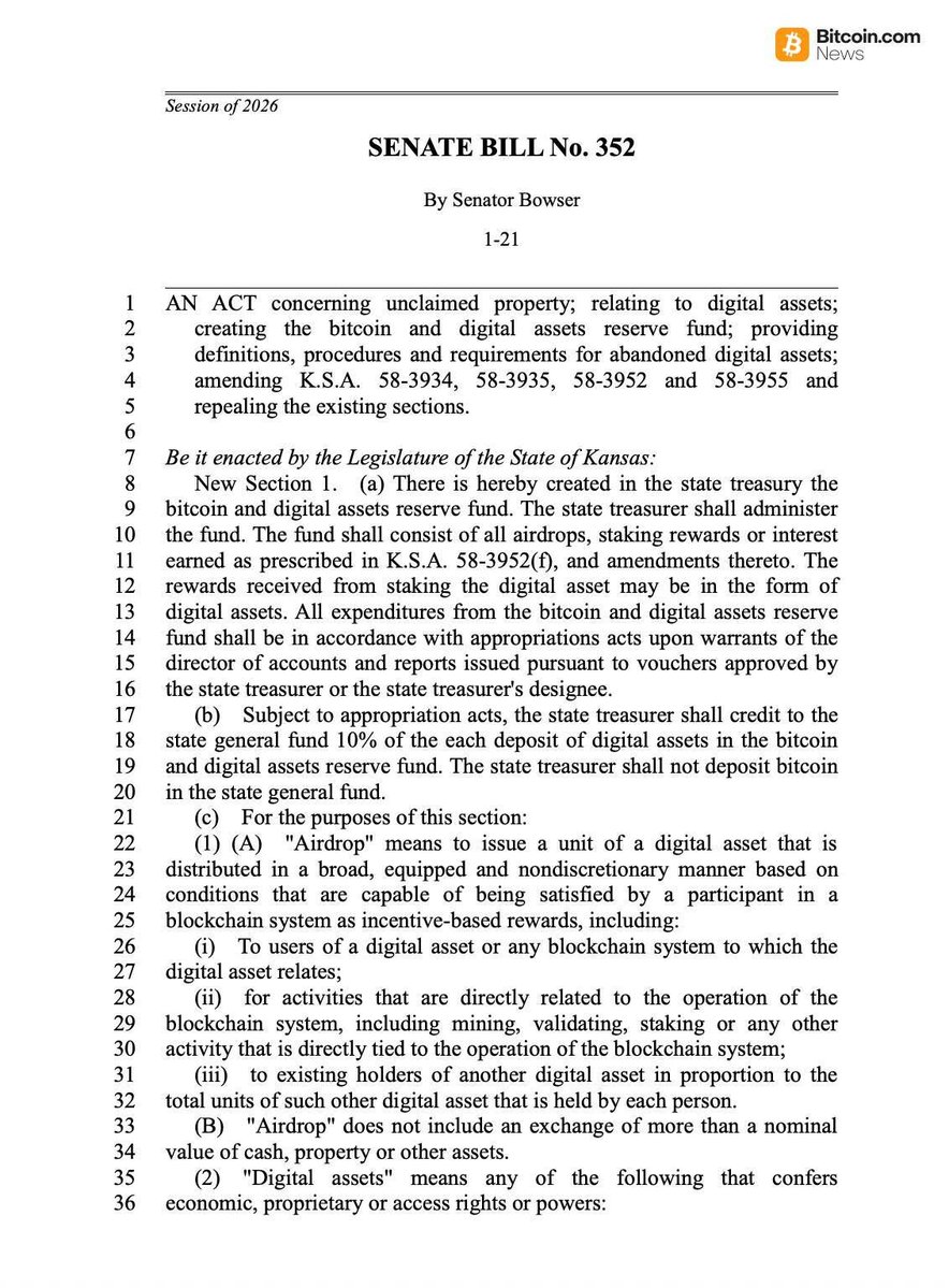 BitcoinArchive's tweet image. JUST IN: 🇺🇸 Kansas introduces Bitcoin Strategic Reserve bill

Allows up to 10% of state trust fund assets to be invested in Bitcoin ETFs 🔥