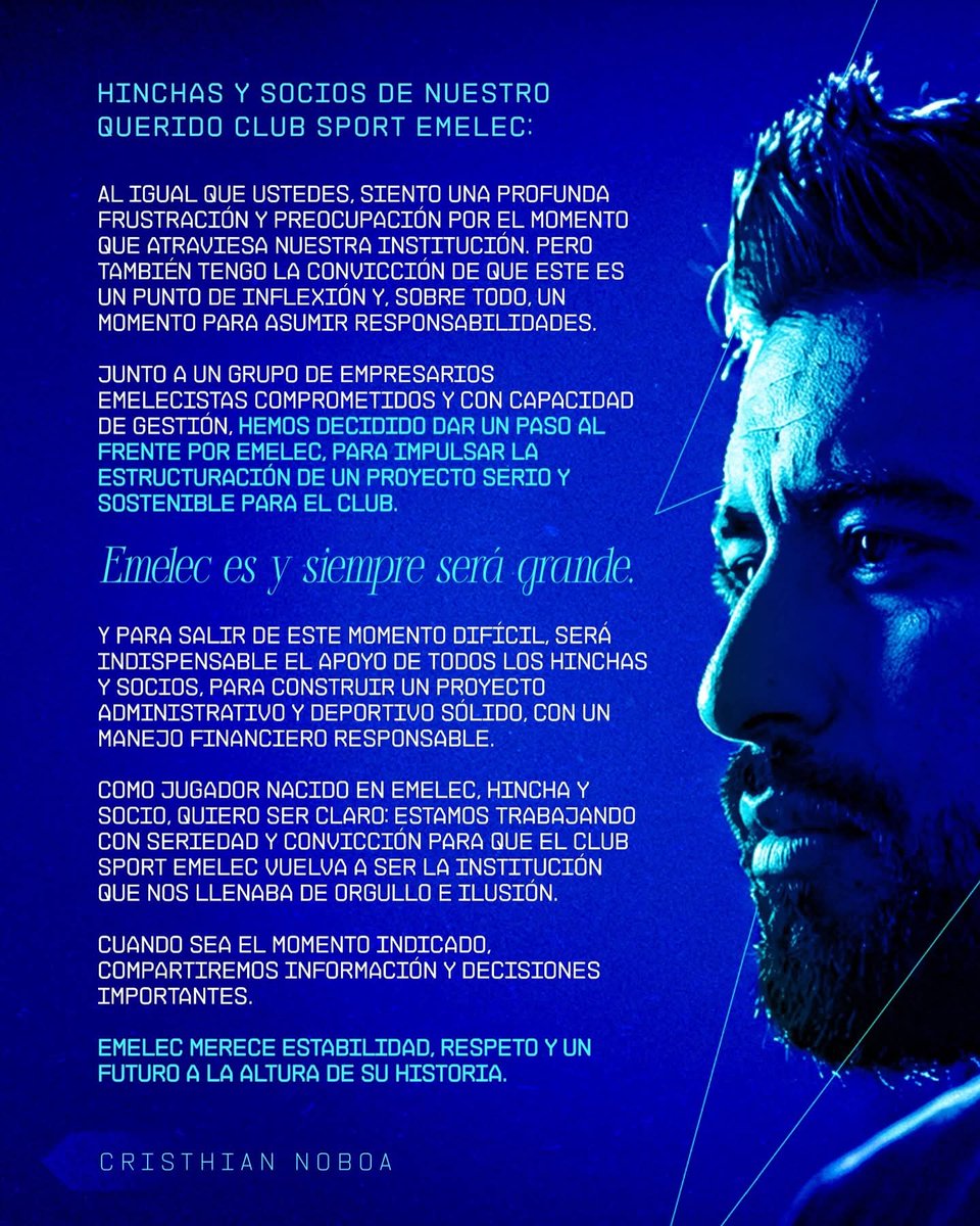 mareudon's tweet photo. Mediante un comunicado oficial, Christian Noboa anunció que "dará un paso al frente" para liderar un proyecto serio y sostenible en beneficio del CS Emelec. 

Noboa destacó que cuenta con un equipo de trabajo comprometido con la estabilidad institucional. https://t.co/OpkrUIDvkl