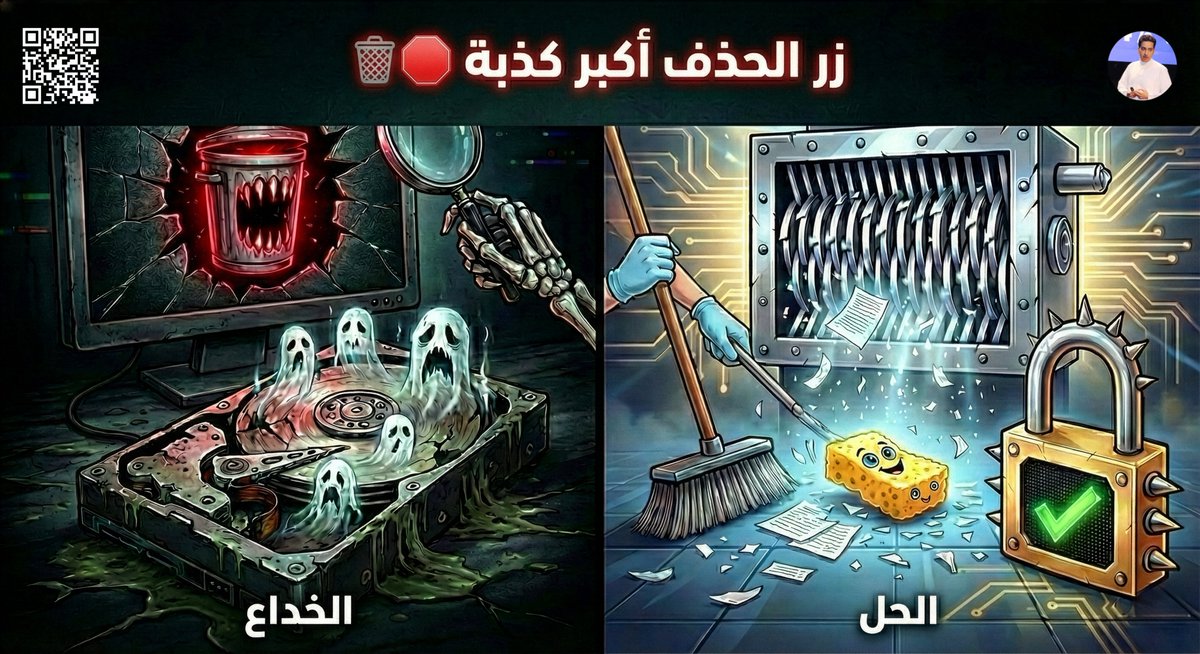 أكبر كذبة تقنية تعيشها هي زر الحذف Delete 🗑️🛑

سواء حذفت ملف أو فرمت الجهاز أنت مخدوع😨 النظام فعلياً لا يمسح البيانات، هو فقط يحذف الاسم من الفهرس ويقول المكان صار فاضي. لكن الحقيقة البيانات ما زالت محفوظة بالقرص وتنتظر أي برنامج مجاني يسحبها كاملة. حتى المساحة الفارغة هي