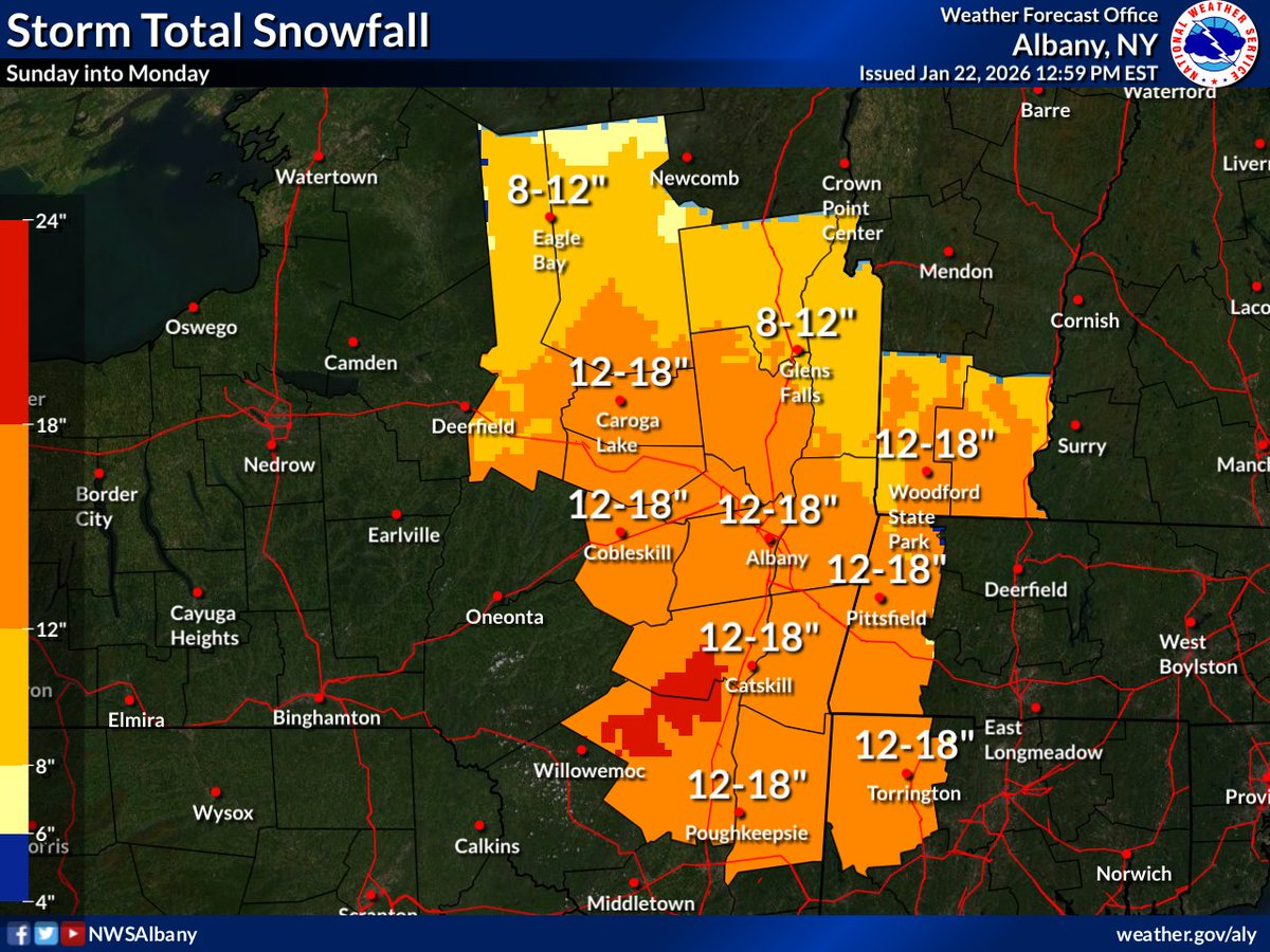 Increasing confidence for a winter storm Sun into Mon with potential for significant impacts including hazardous travel, especially during high snowfall rates (1"+ per hour)  Sun into Sun night. Steady snow continues into Monday but winds down by Mon night.#nywx #mawx #ctwx #vtwx