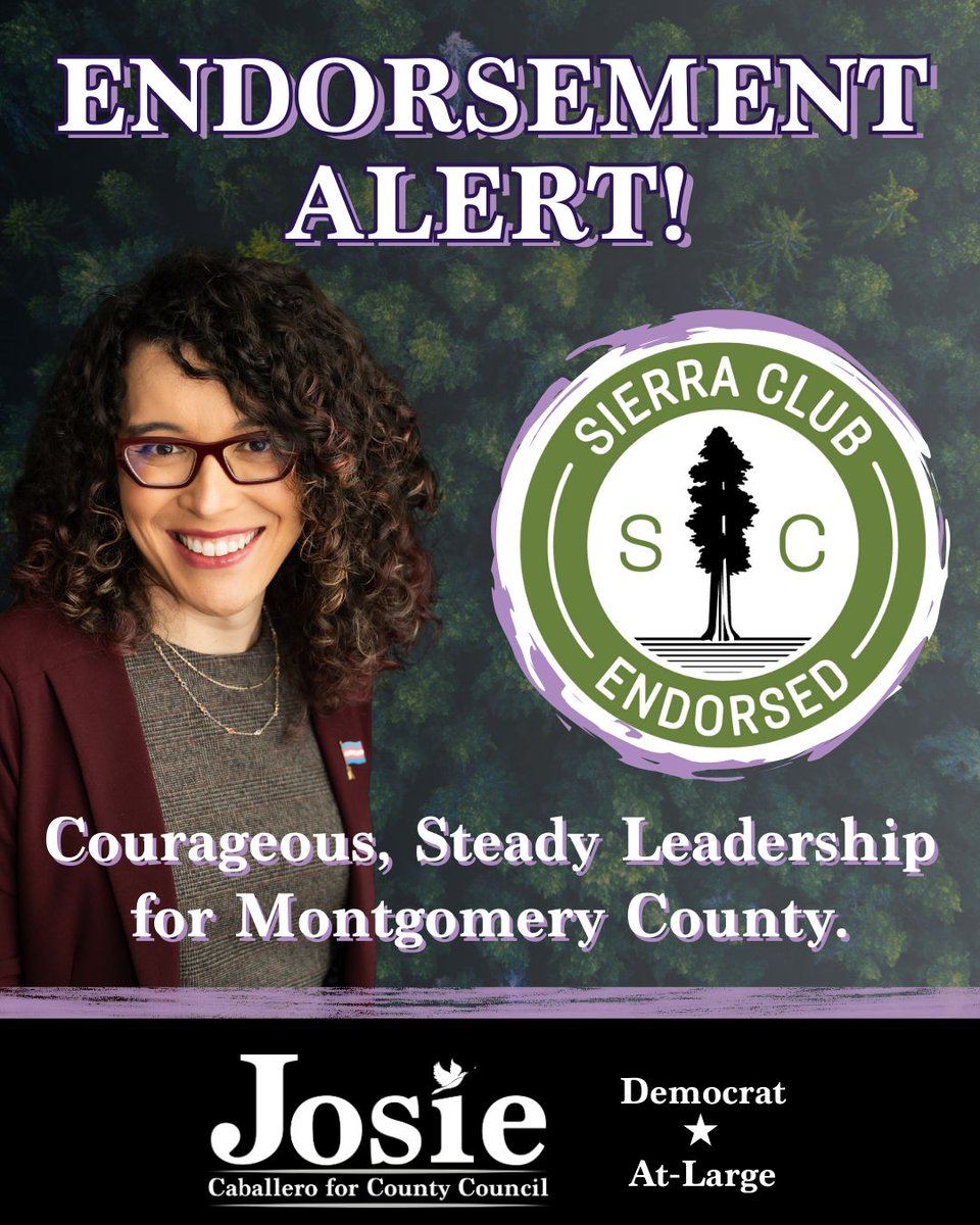 JosieForMD's tweet photo. I'm incredibly excited to announce that my campaign has been endorsed by the Montgomery County Sierra Club! From protecting our waterways and forests to managing the threat posed by data centers, the environment is on the ballot. Let's build a greener and more sustainable MoCo! https://t.co/39aHATKNnX